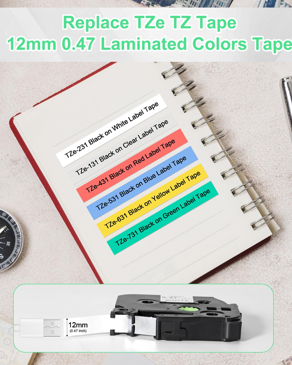 Replacement for Brother P Touch TZe Label Tape 12mm 0.47 Laminated Colored
