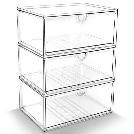 Prsildan Acrylic Makeup Organizer, 3 Pack Stackable Clear Storage Drawers for Baby Bottles Desk