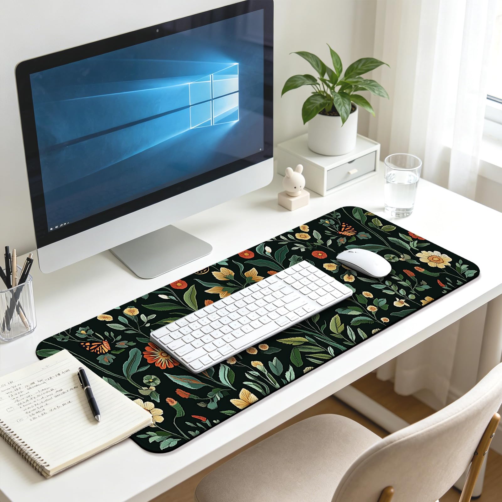 Floral Gaming Desk Mat, Computer Keyboard Large Extended Long Flower Plants Mouse Pad for Office