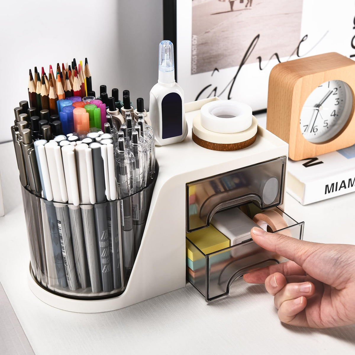 GGIANTGO Rotating Desk Organizer with 2 Drawer, Pencil Pen Holder for Desk, Desk Organizers and