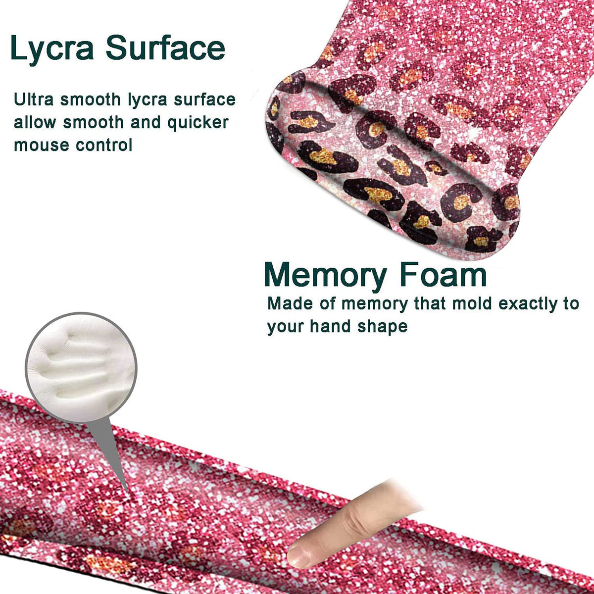 Keyboard Wrist Rest and Mouse Pad Wrist Support Set,Cute Pink Faux Glitter Leopard Ergonomic Gel