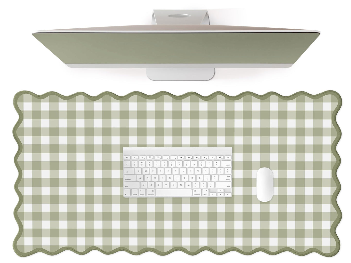 ohisxiacy Scalloped‌ Green Checkered Desk Mat Cute Pastel Large Gaming Mouse Pad Gingham Kawaii