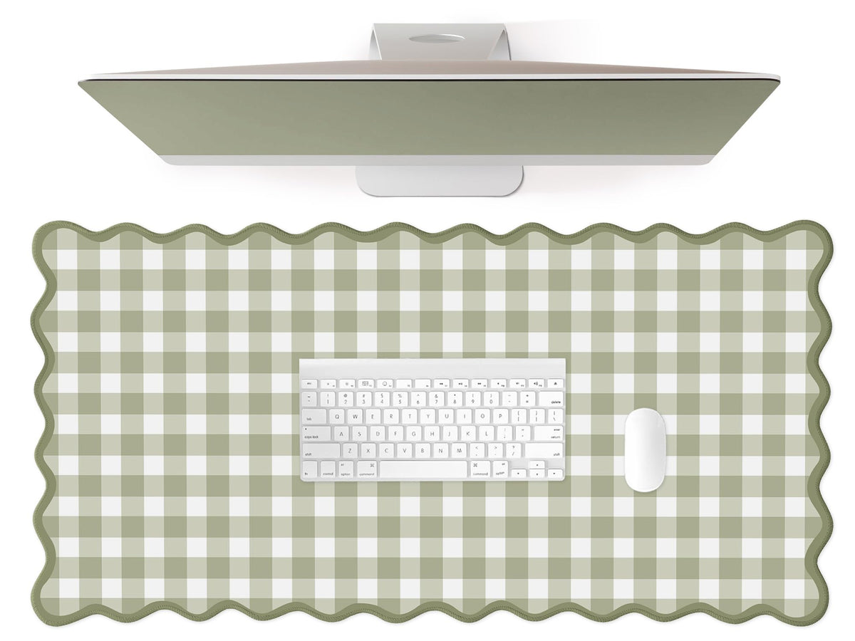ohisxiacy Scalloped‌ Green Checkered Desk Mat Cute Pastel Large Gaming Mouse Pad Gingham Kawaii
