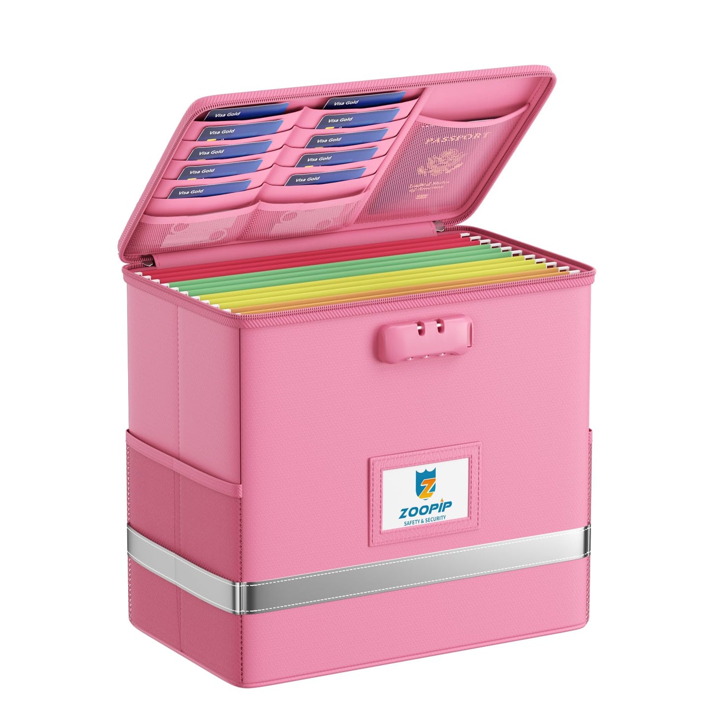 ZOOPIP Fireproof File Box with Lock, Collapsible Document Organizer, Pink