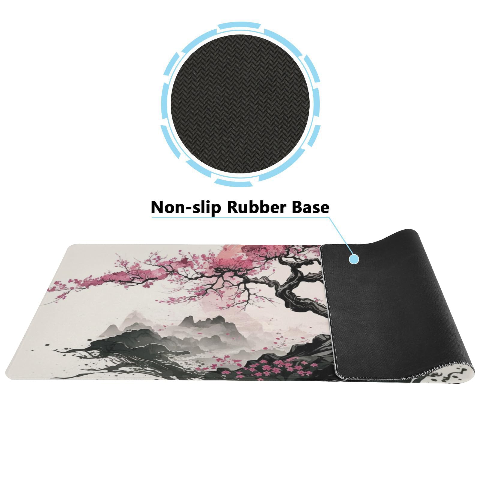Japanese Art Style XL Mouse Pad - Non-Slip Mouse Pad Protector with Cherry Blossom Sakura Ink