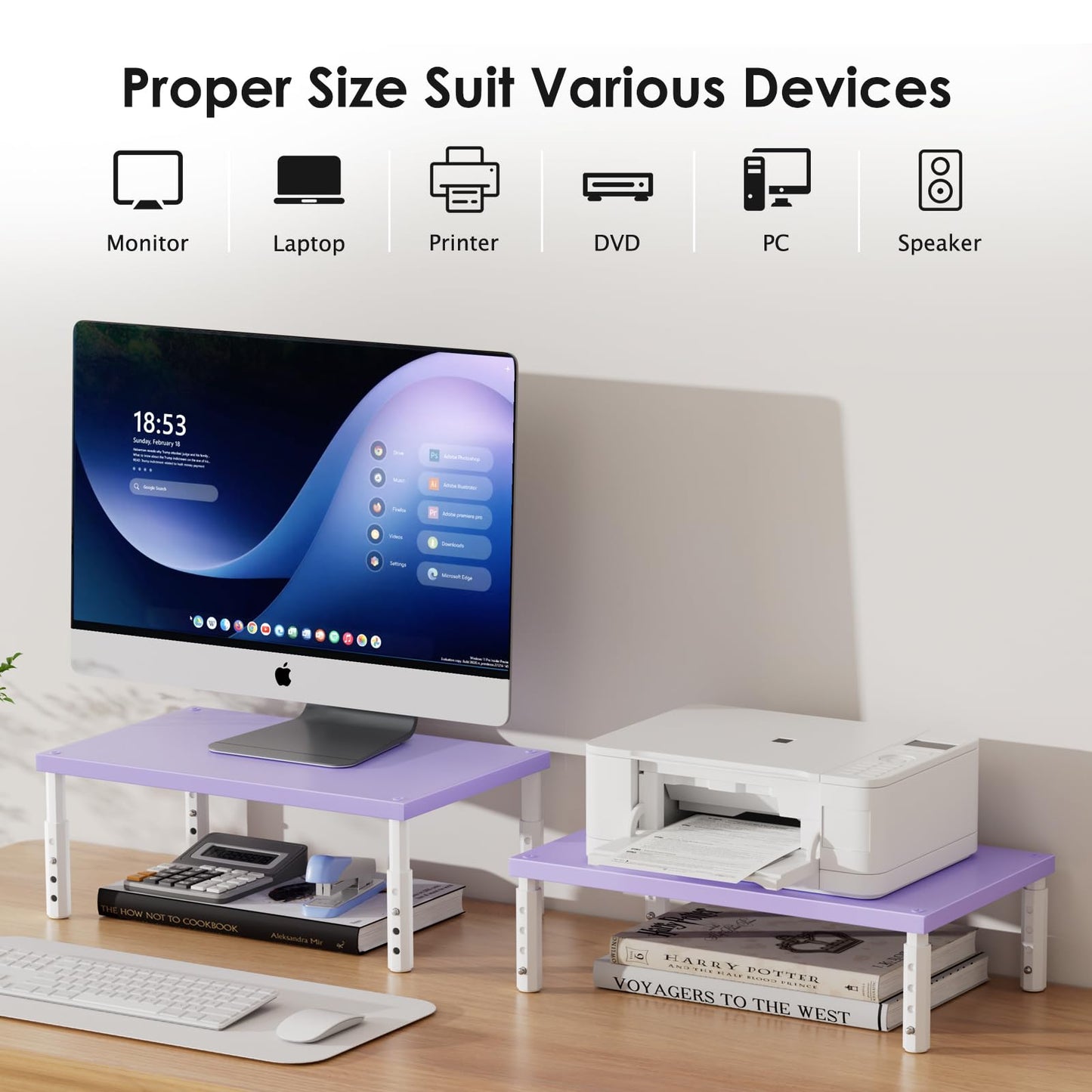 ECOLOVI Adjustable Wood Computer Monitor Stand Riser, Office Desk Organizer and Accessories for