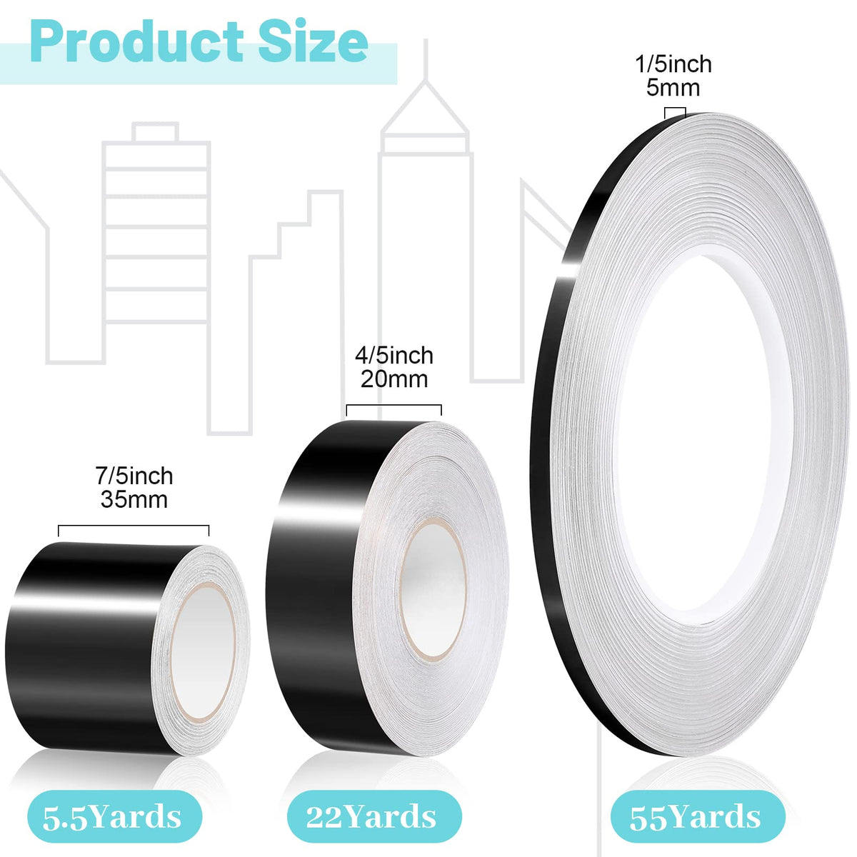 Zonon Black Washi Tape for Wall Decor Metallic Trim Self Adhesive 5/20/35mm