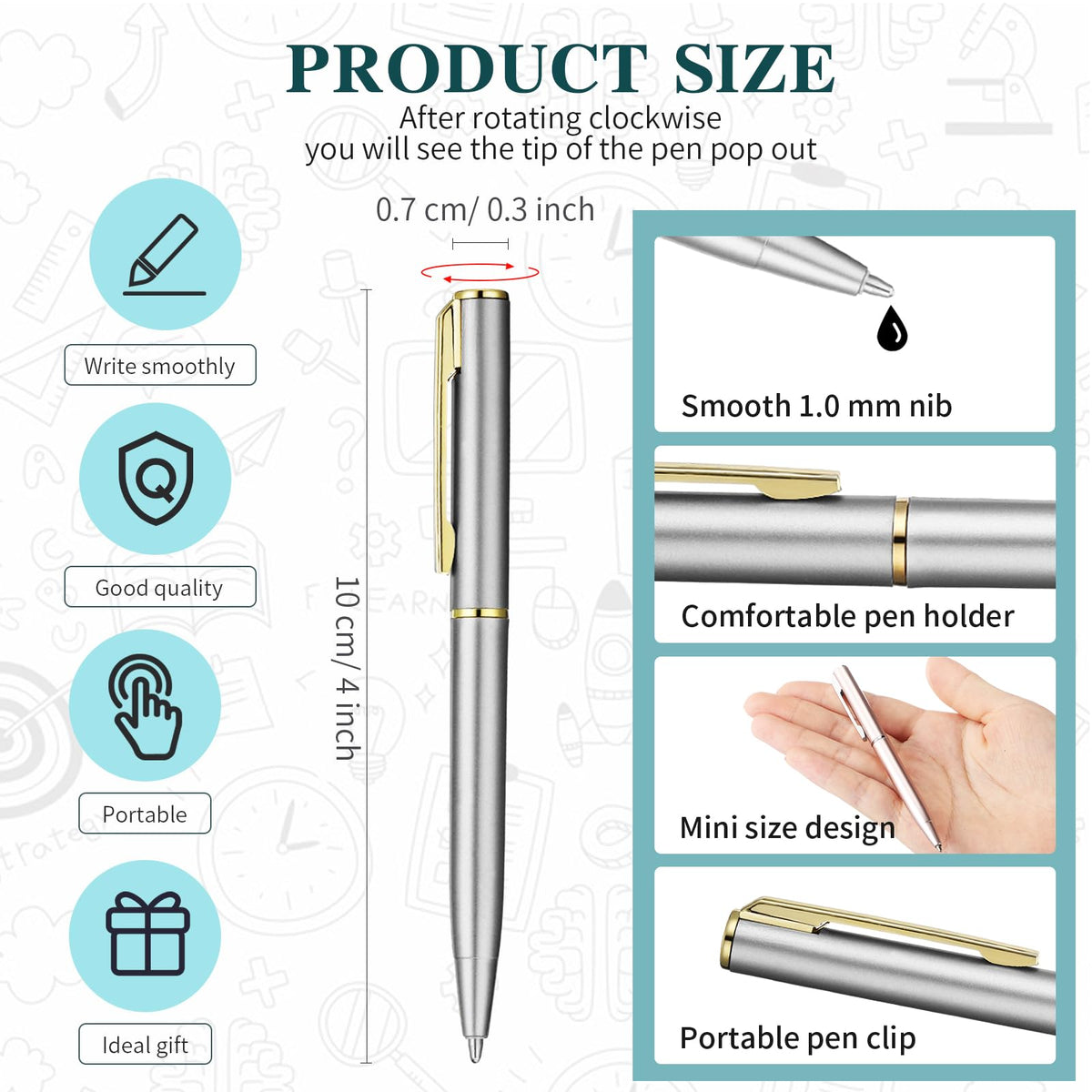 Teling 72 Pcs Small Ballpoint Pen Mini Pens Bulk 4 Inch,Silver, Gold