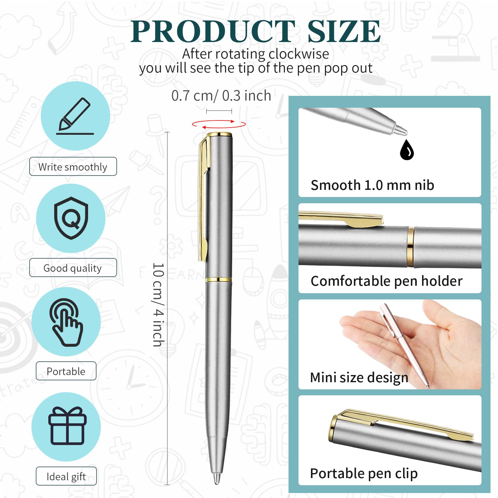 Teling 72 Pcs Small Ballpoint Pen Mini Pens Bulk 4 Inch,Silver, Gold