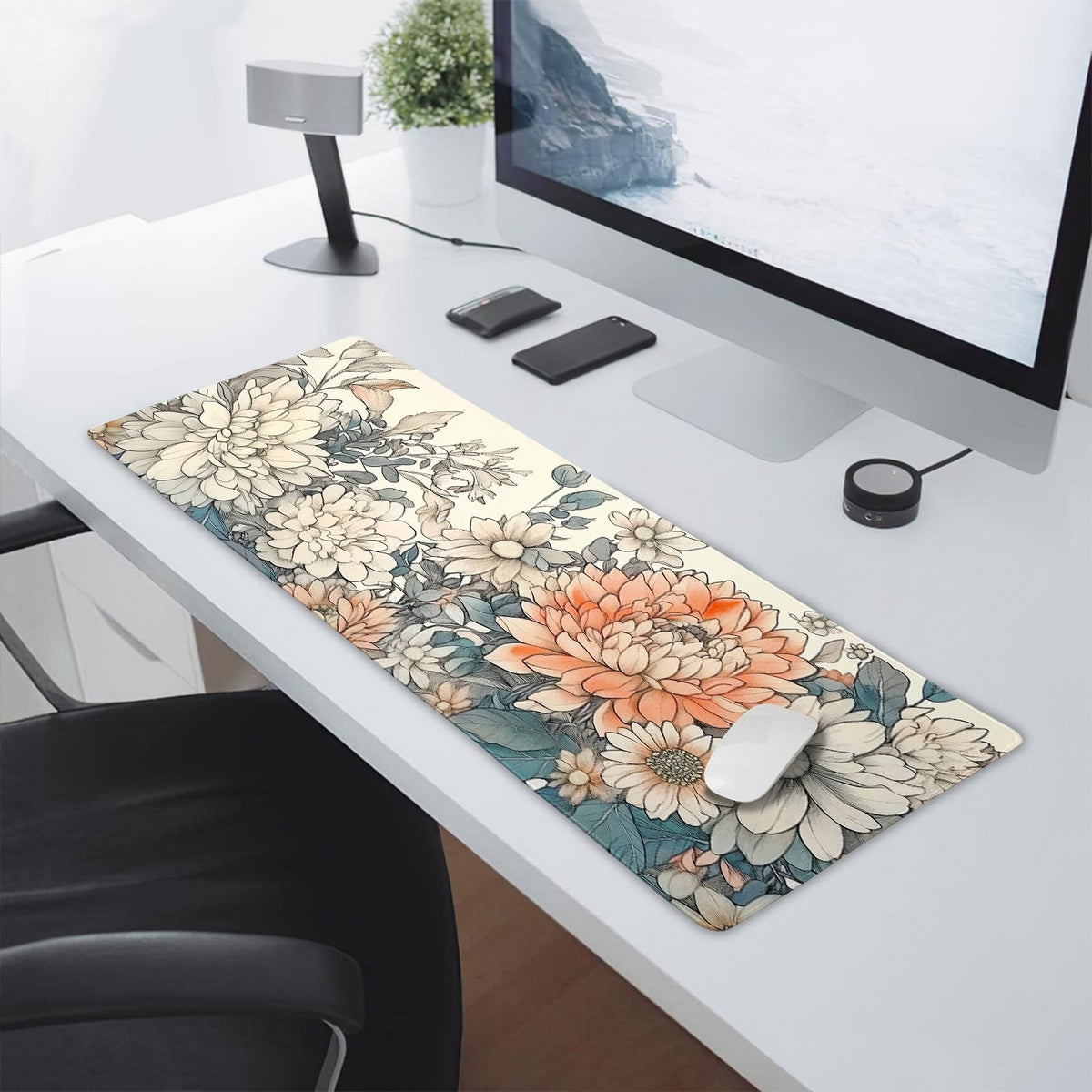 Japanese Aesthetic Floral Gaming Mouse Pad XL Vintage Orange White Flowers Extended Large Mat