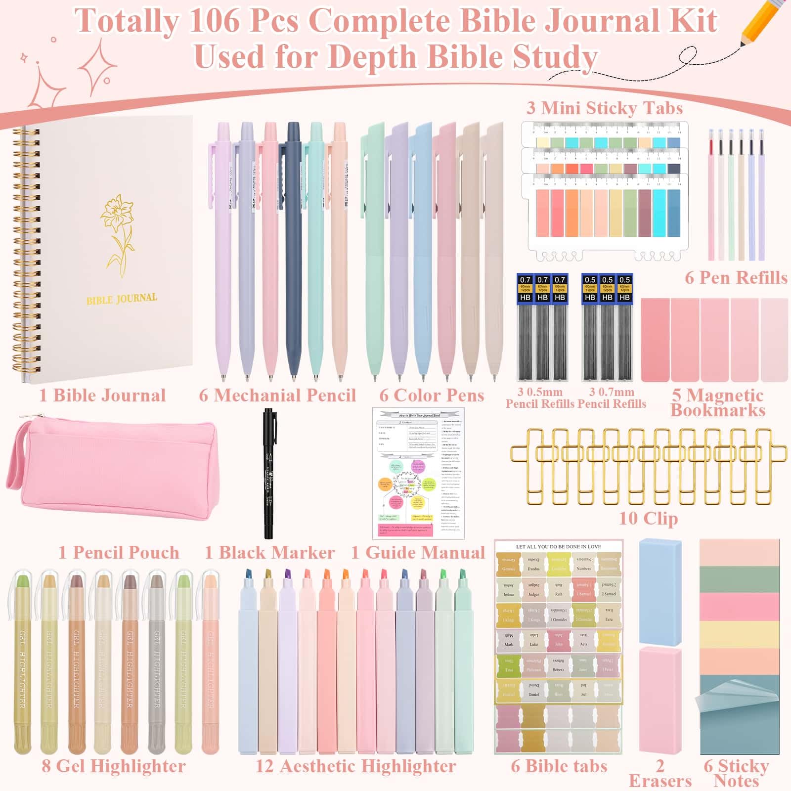 Flasoo 106 Pack Bible Study Supplies Journaling Kit for Women, Church Journal Note Taking