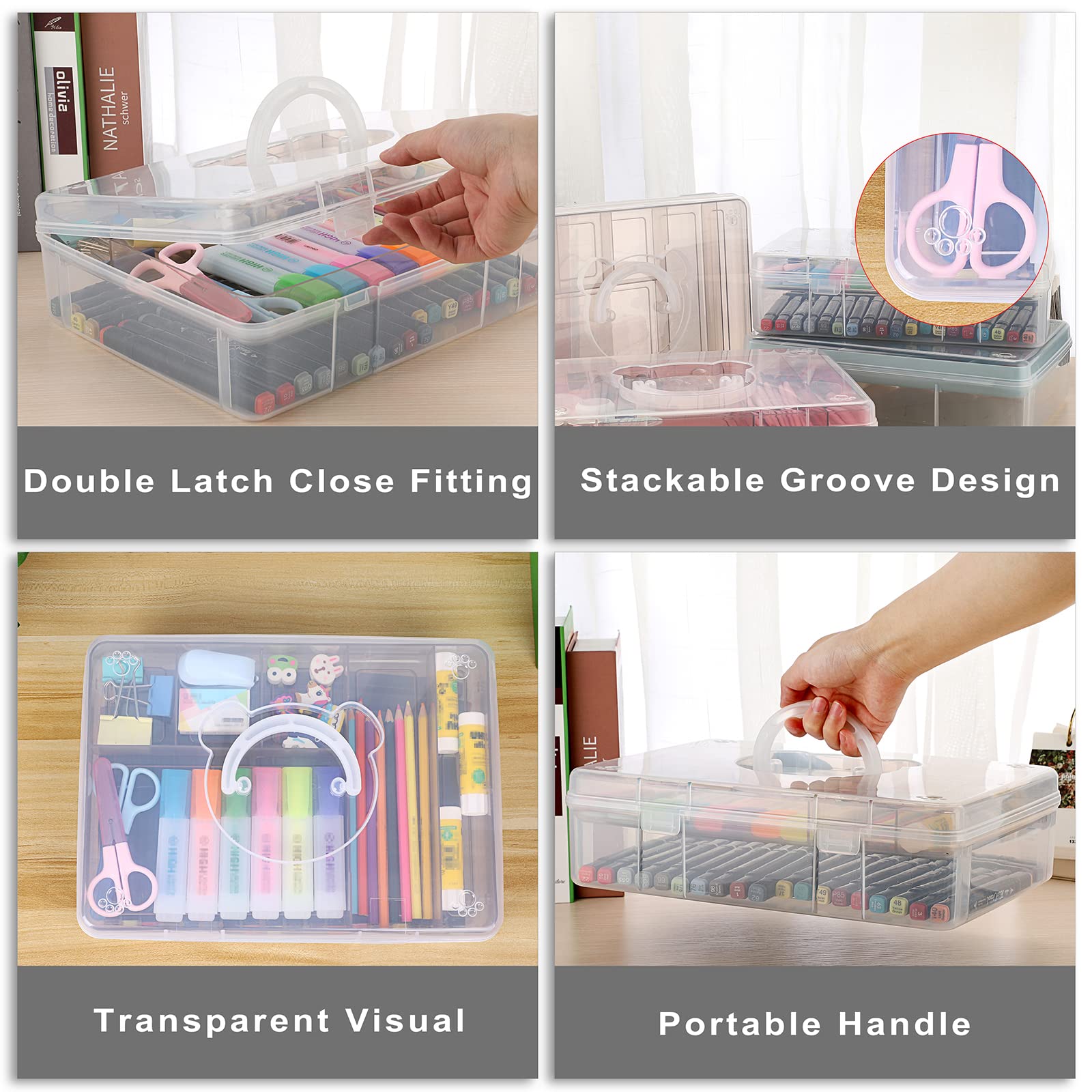 BTSKY 2-Tier Cute Bear Storage Box with Removable Divided Tray Portable Clear Plastic Art Craft
