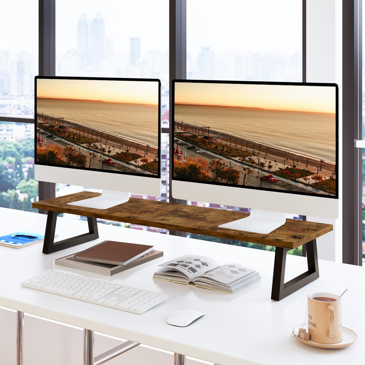 TEAMIX 31.5 inch Dual Monitor Stand Riser, TV Riser, Wood Desk Organizer
