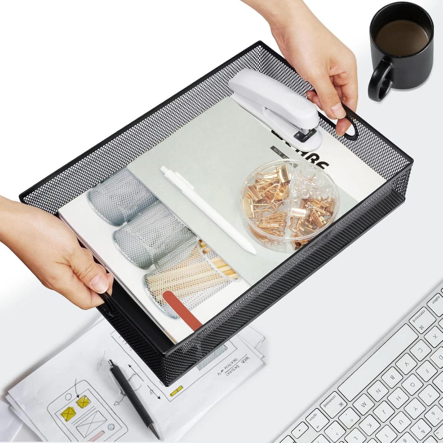 Neudeco Desk Drawer Organizer, 4 Pack Metal Mesh, Black