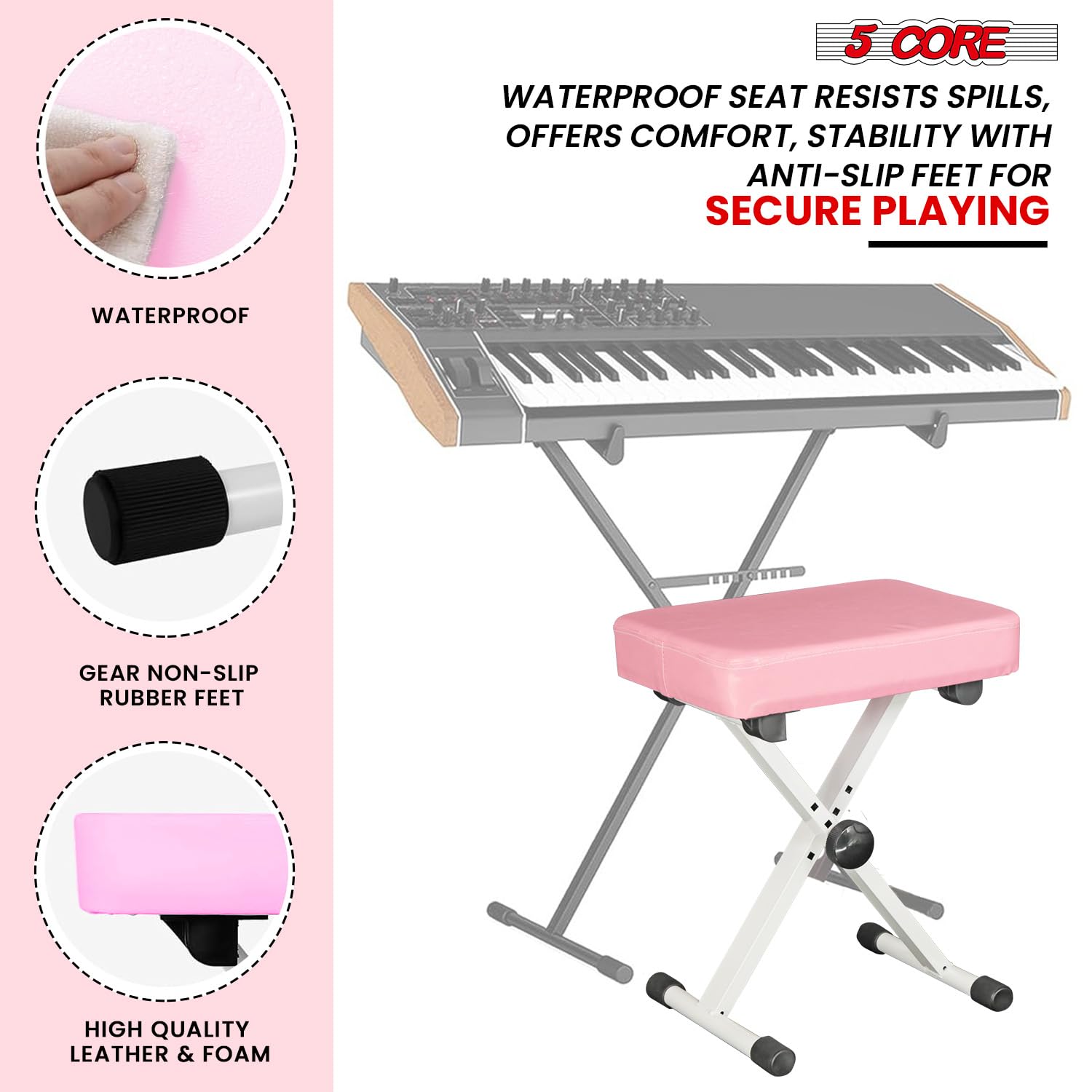 5 CORE Keyboard Bench 3 Inch Padded Seat Adjustable Piano Stool X-Style 20.5 Inch Height