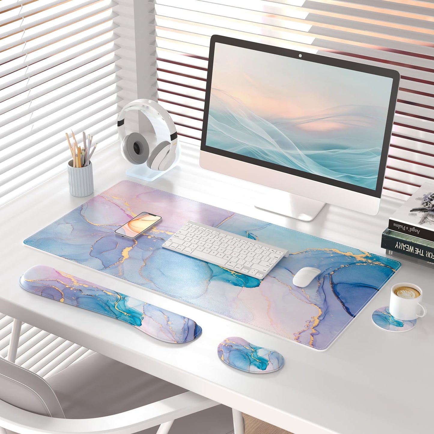 QiyI PU Leather Desk Mat Set, 4-in-1 Ergonomic Wrist Rest, Blue Pink Fluid