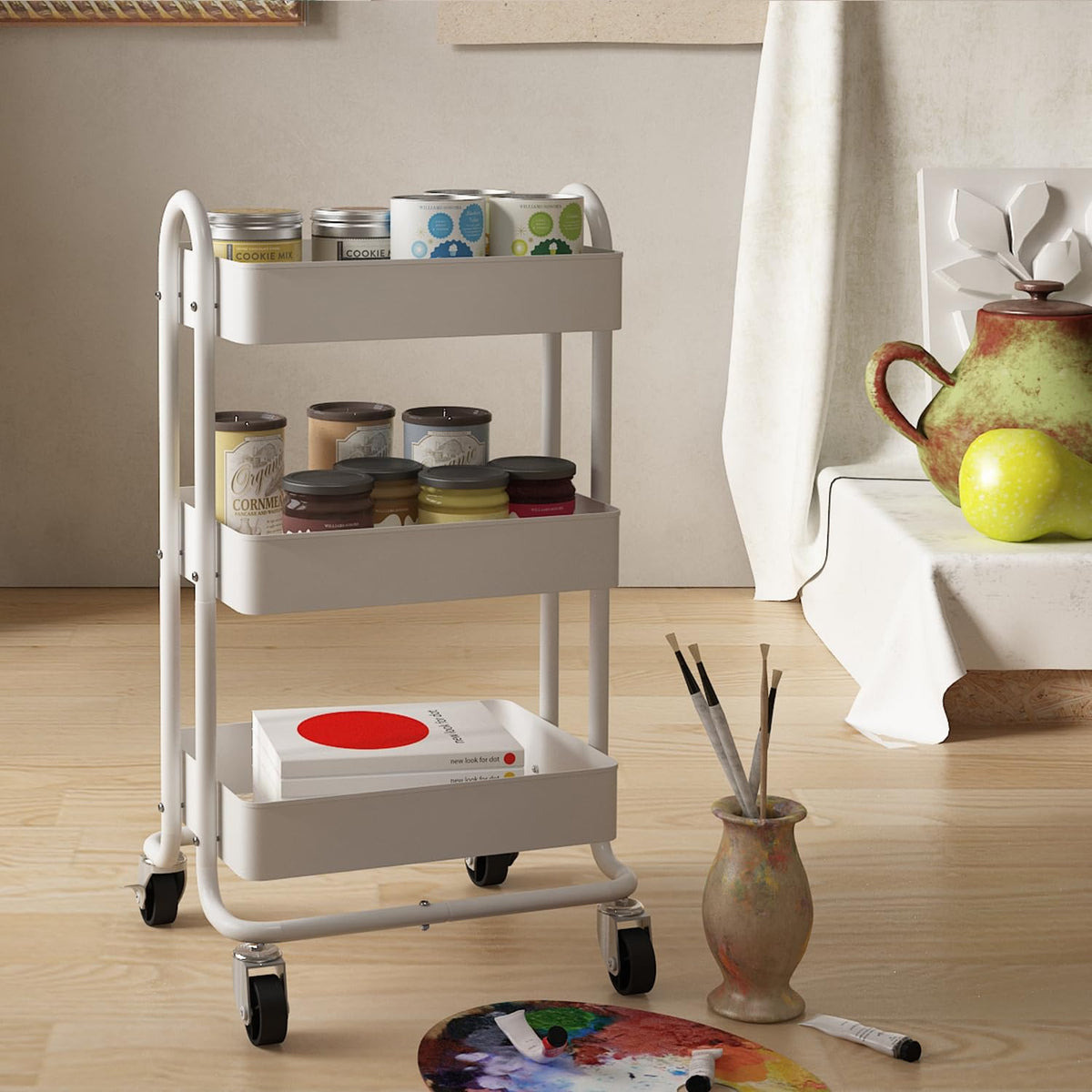 Elitehouse Metal Rolling Cart,3-Tier Metal Rolling Cart with Wheels,3 Tier Utility Cart with Wheels