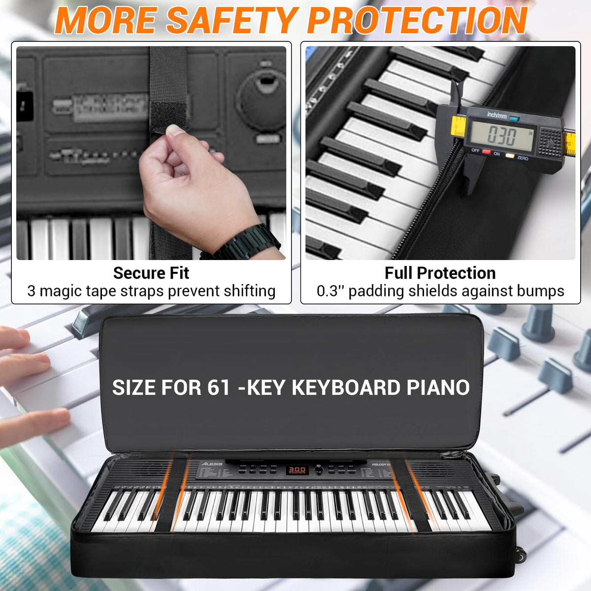 ORKELS 61-Key Keyboard Case with Wheels & Adjustable Shoulder Straps– Padded Rolling Gig Bag with 4