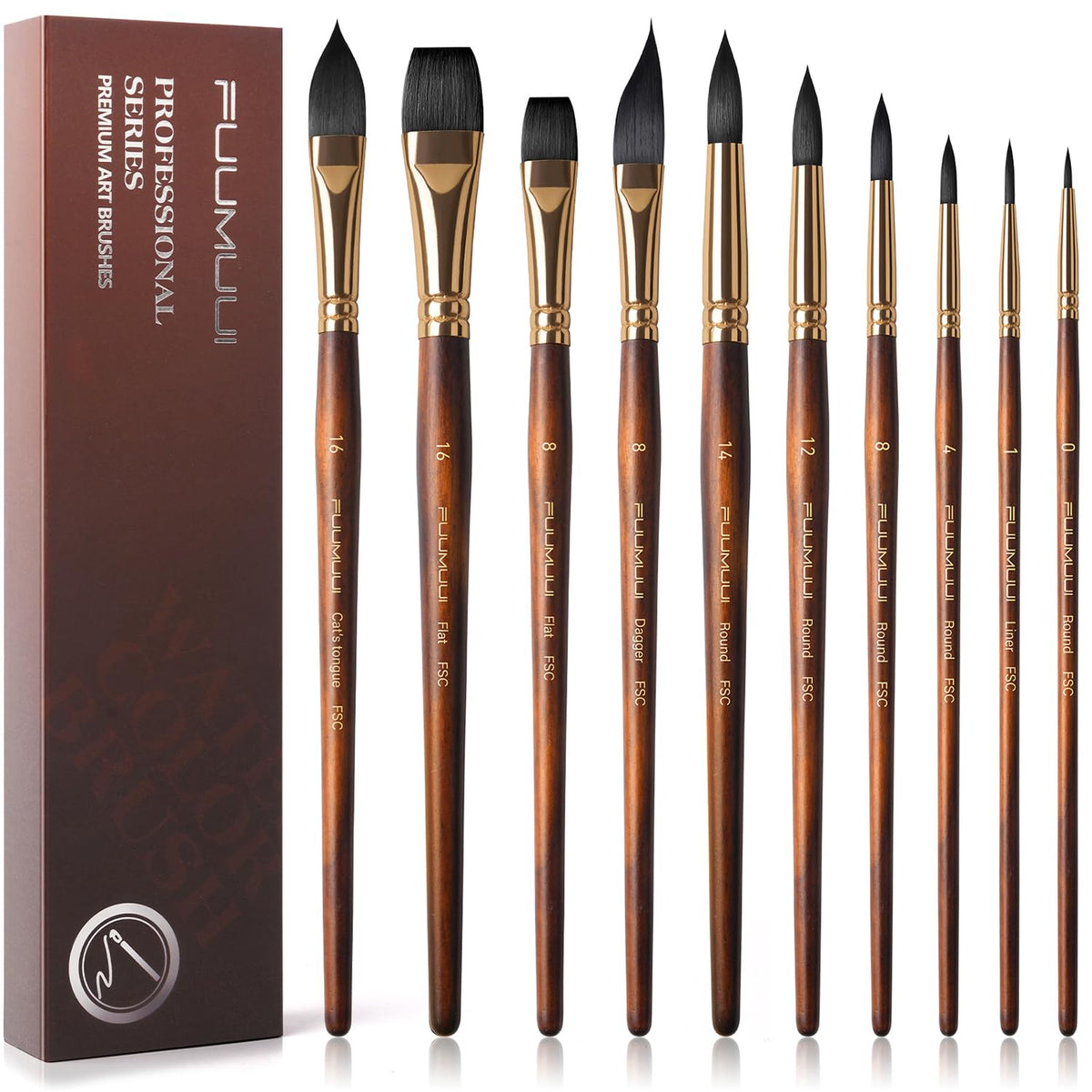 Watercolor Brushes Professional, Fuumuui 10Pcs Synthetic Squirrel Hair Water Color Paint Brush Set