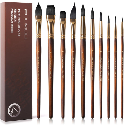 Watercolor Brushes Professional, Fuumuui 10Pcs Synthetic Squirrel Hair Water Color Paint Brush Set