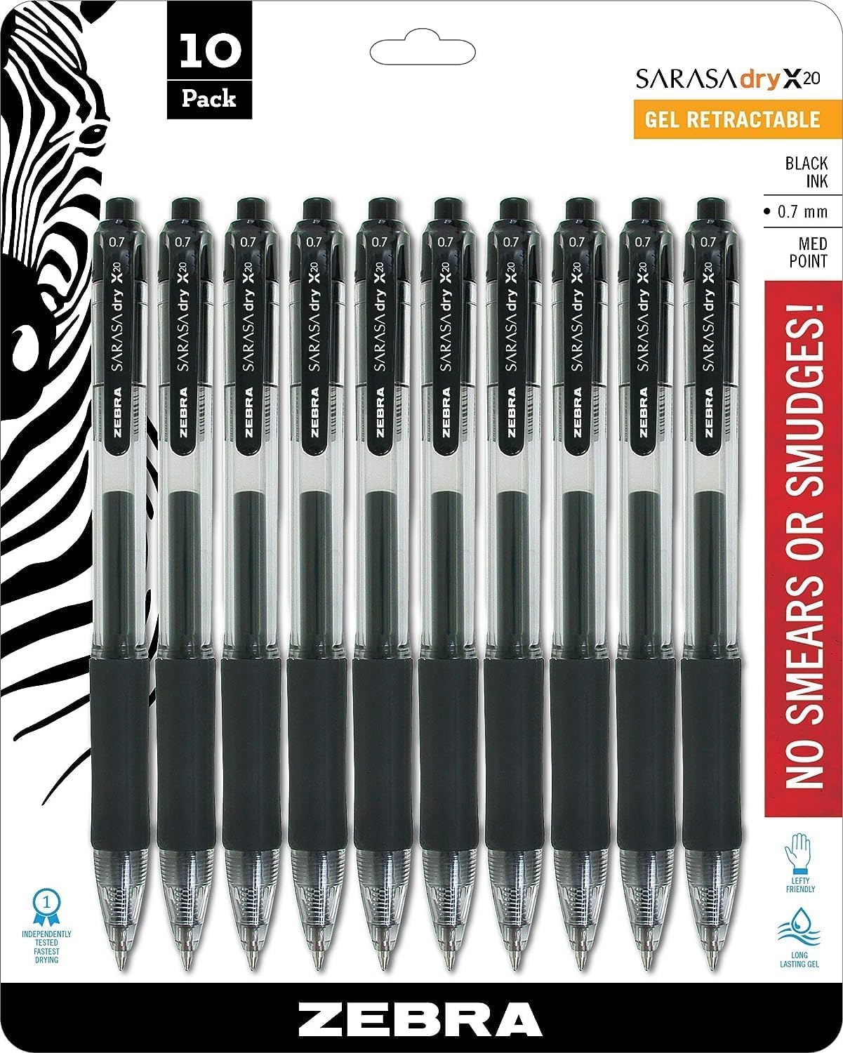 Zebra Pen Sarasa Dry X20 Retractable Gel Pen, Medium Point, 0.7mm, Black Ink, 10-Pack (Packaging