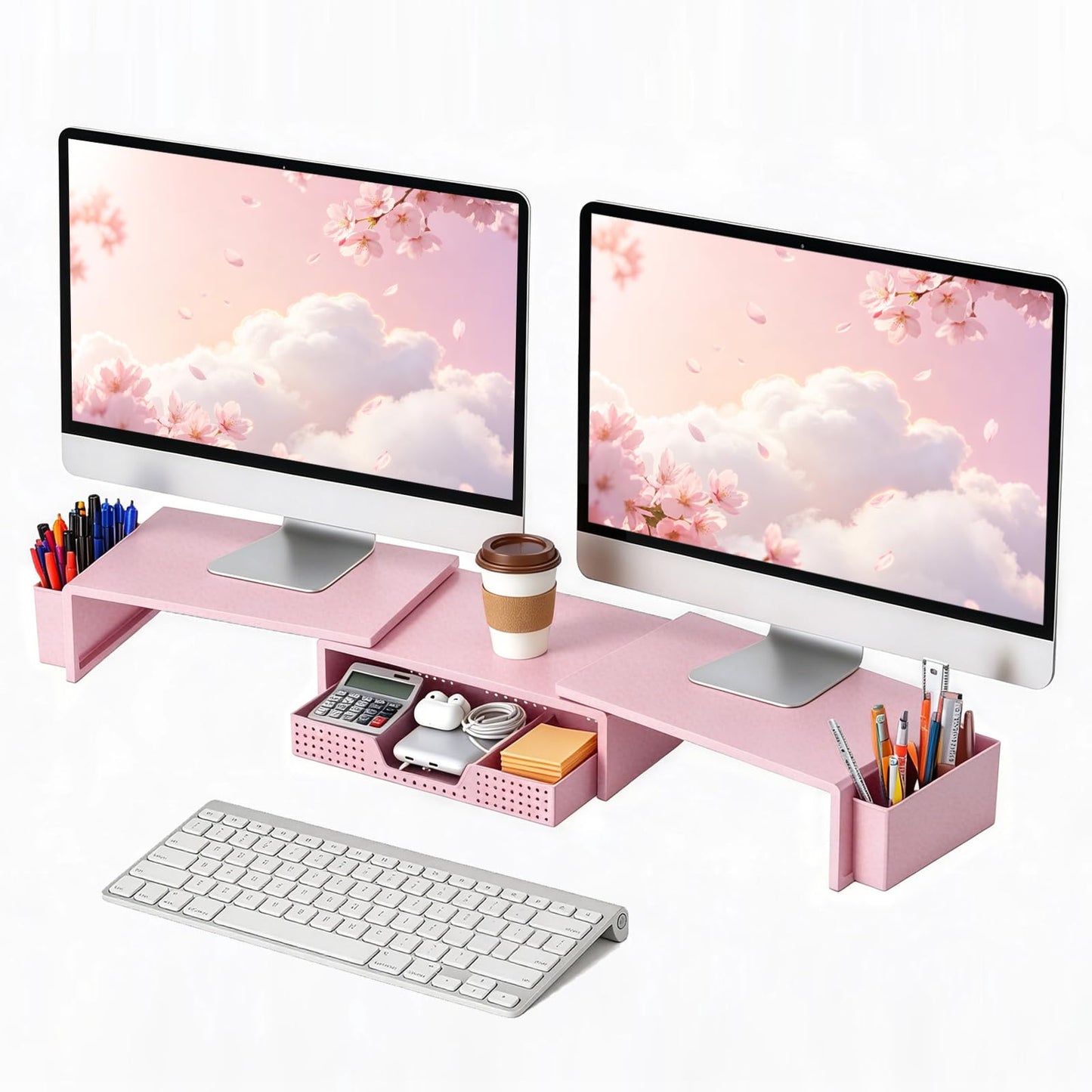 LEKETREE Dual Monitor Stand Riser with Drawer and 2 Pen Holders, Pink