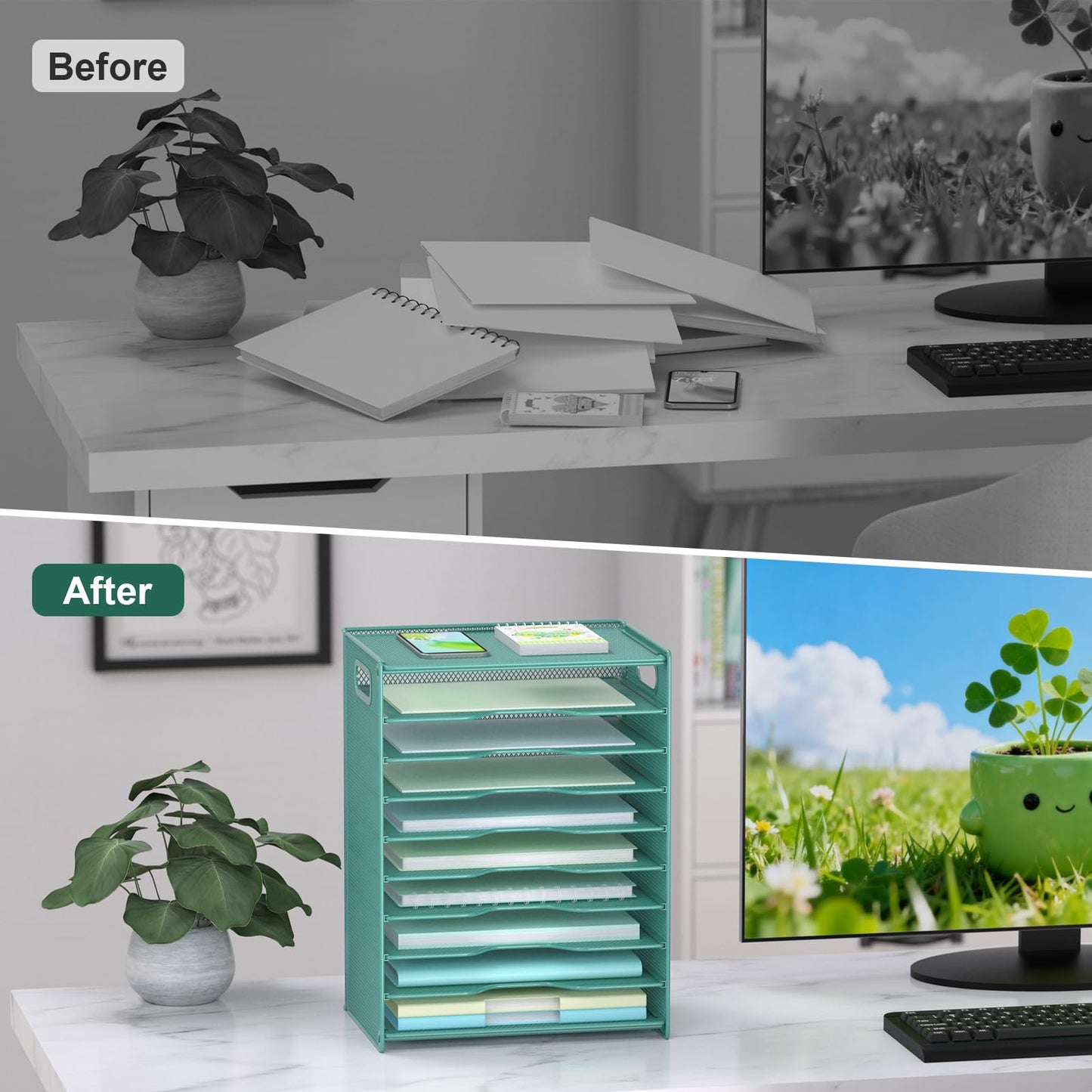 OUTWOLF 10 Tier Paper Organizer - Letter Tray Mesh Desk File Organizer with Handles for Office
