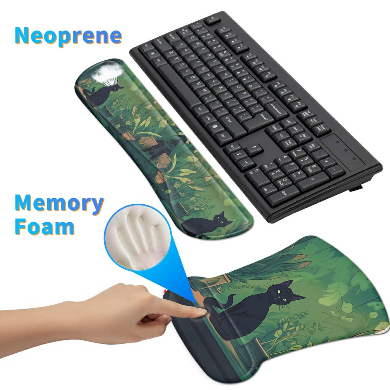 3Pcs Ergonomic Memory Foam Keyboard Wrist Rest Pad Set, Black Cat Leaf