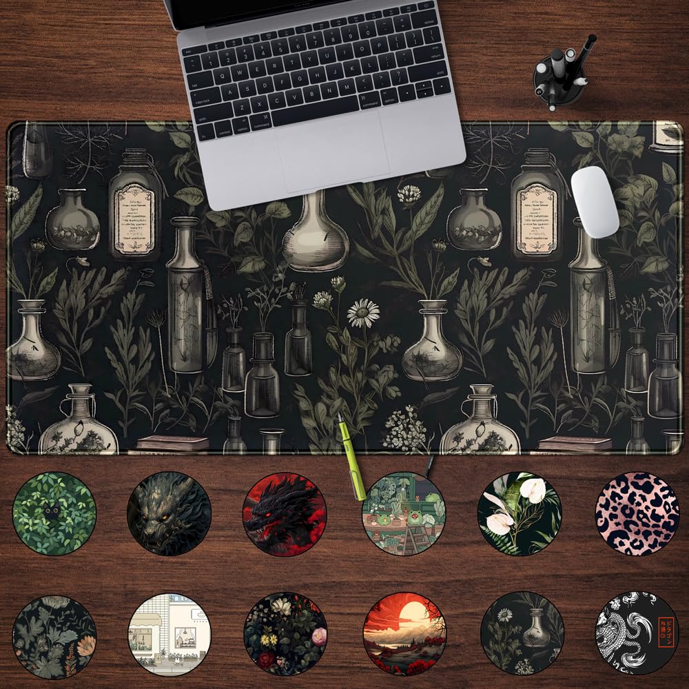 Black Aesthetic Desk Mat - Vintage Large Gaming Flower Mouse Pad XXL Plant Wildflower Mousepad