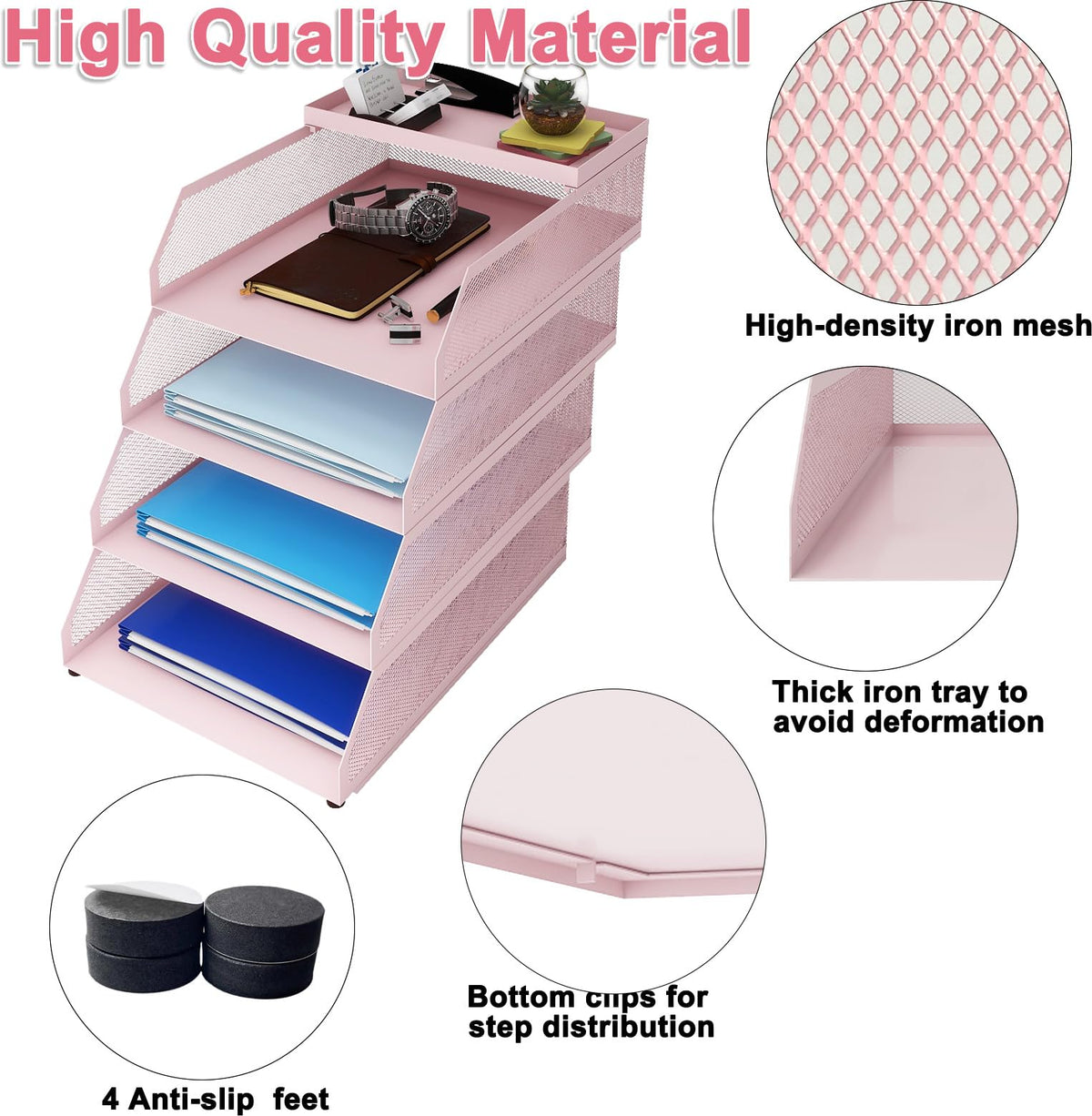 Natwind 4-Tier Stackable Metal Mesh Desk Paper Tray Organizer,Pink