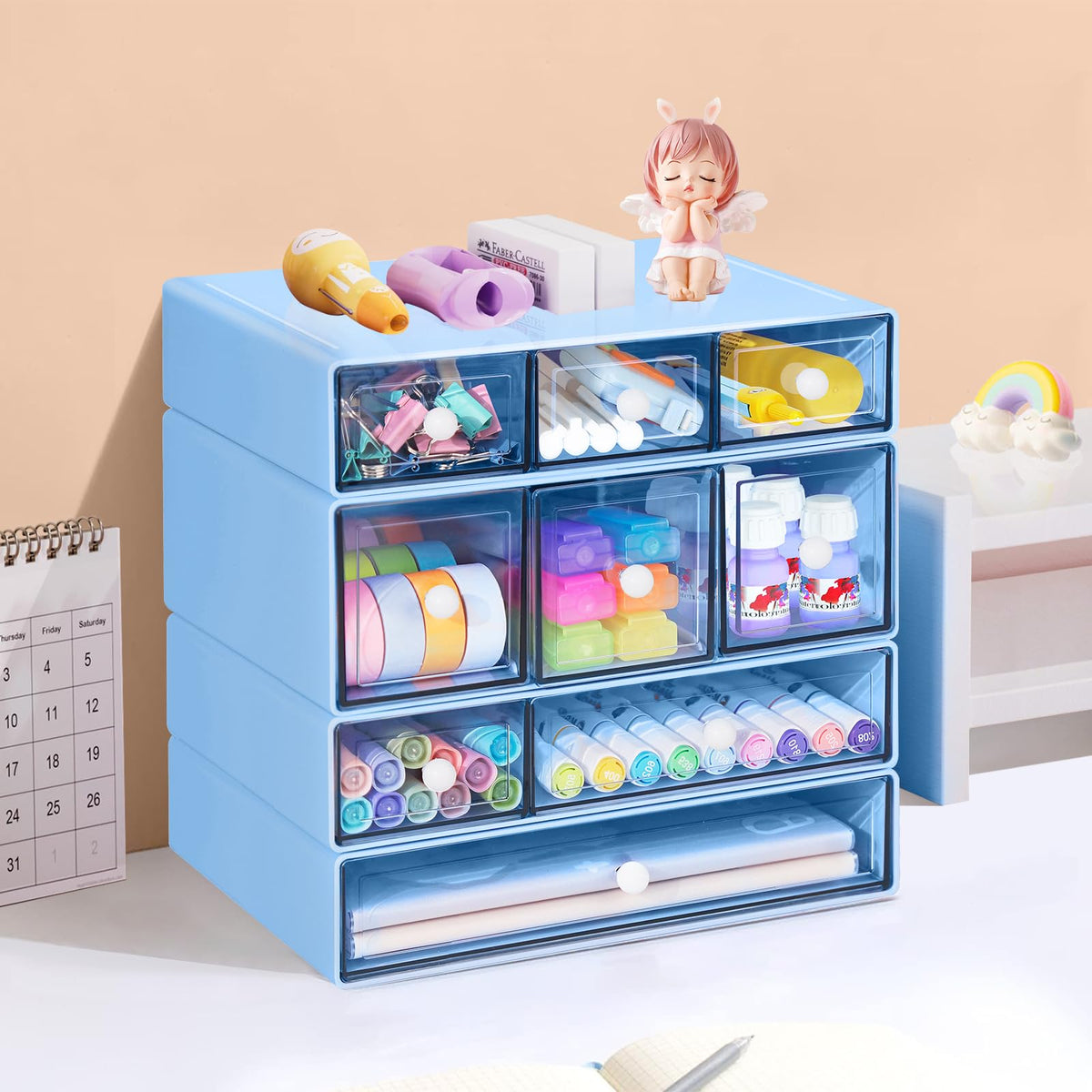 FODIENS Desk Storage Organizer with 9 Drawers, 4 Tiers Stackable Desktop Craft Storage Drawers