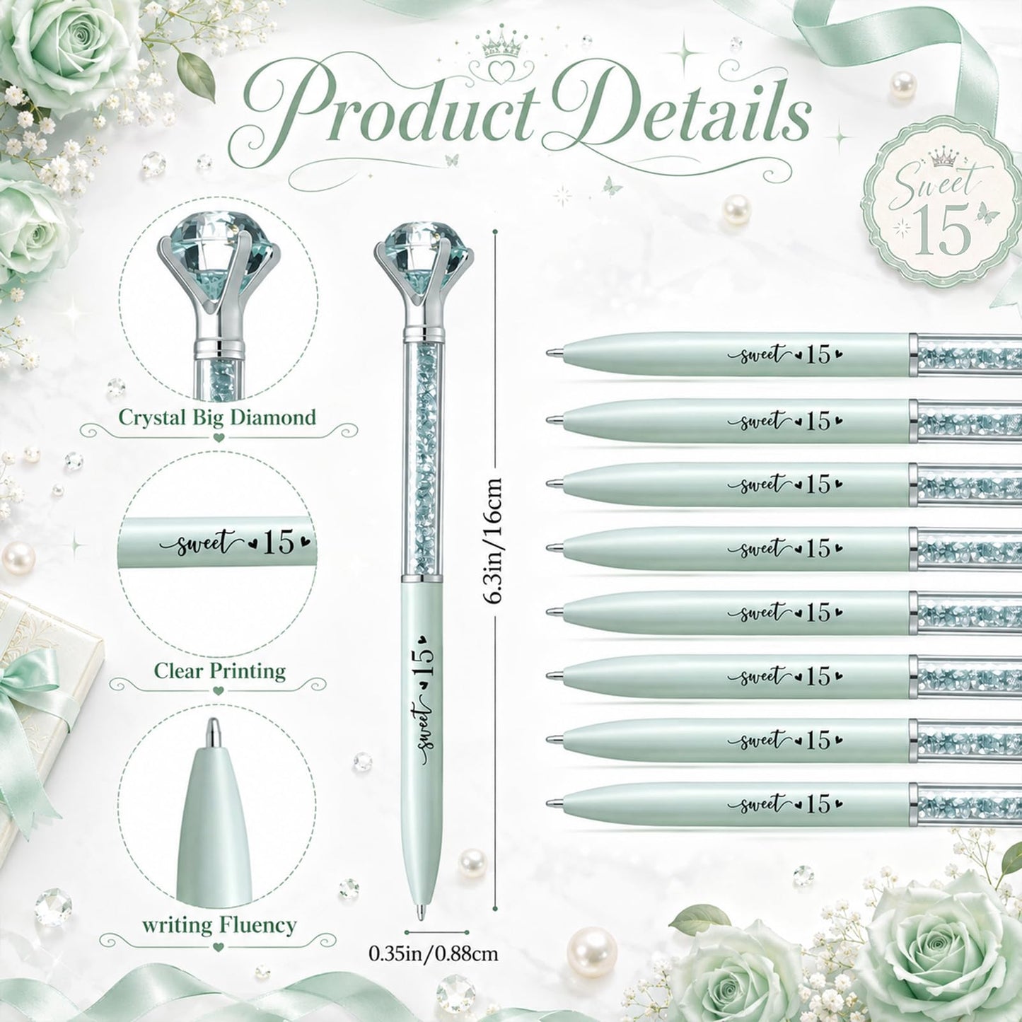 Sayglossy 50 Sets Quinceanera Party Favors Sweet Thank You Gifts Diamond Pens with Thank You Cards