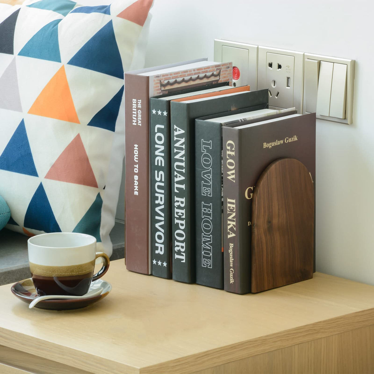 Large Bookend Hold Heavy Books-7x4x5in 3 Pack Non-Skid Wood Bookends Walnut