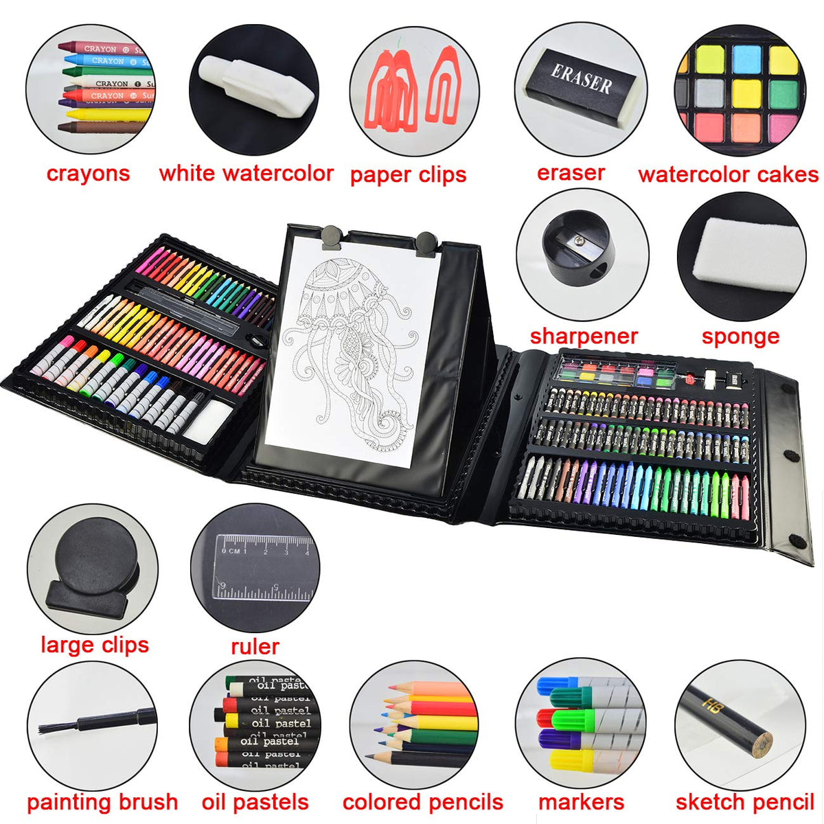 Sunnyglade 185 Pieces Double Sided Trifold Easel Art Set Art Supplies Black