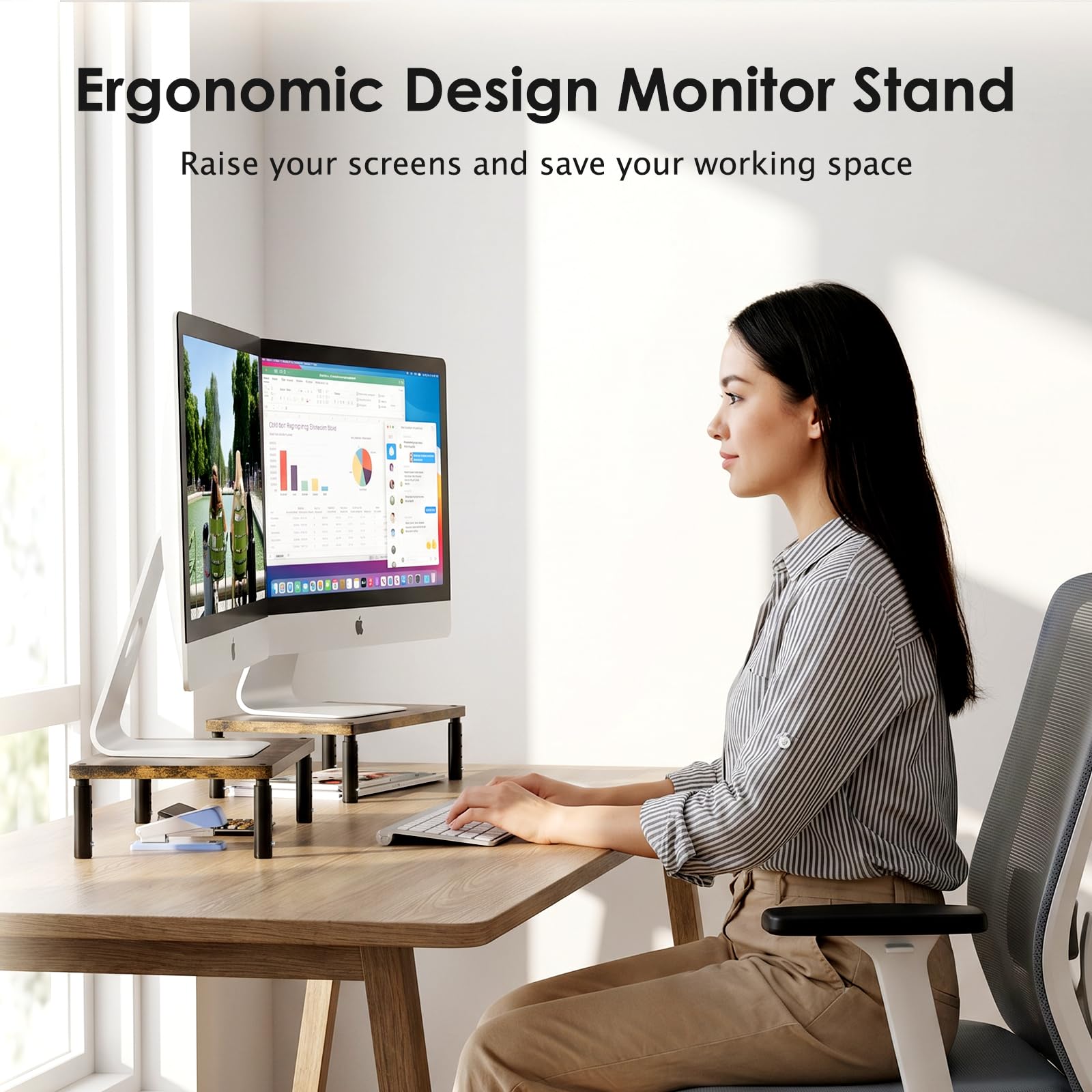 ECOLOVI Adjustable Wood Computer Monitor Stand Riser, Office Desk Organizer and Accessories for