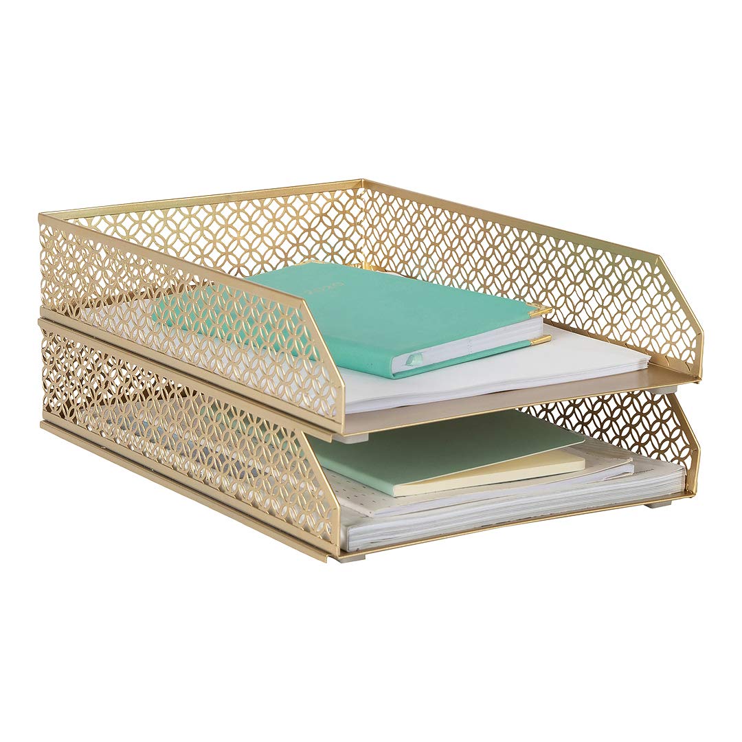 BLU MONACO | Paper Tray Stackable Gold Set of 2 | Stackable File Trays for Desk Organization |