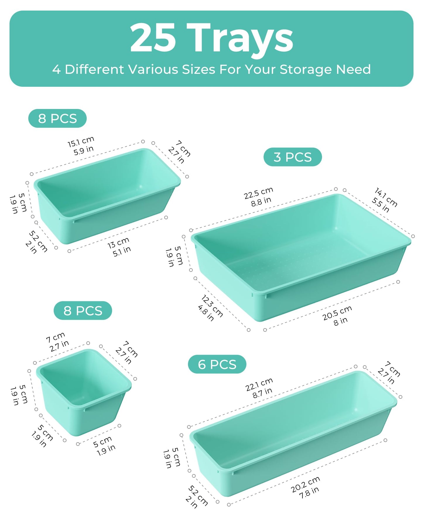 BiuLeon 25 PCS Plastic Drawer Organizers Set, 4-Sizes Vanity and Makeup Organizer, Desk and