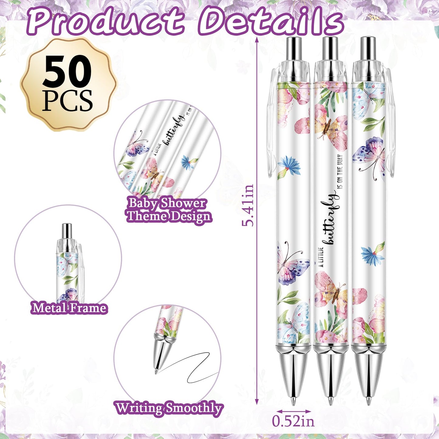 Lebsitey 50 Sets Pink Butterfly Theme Baby Shower Favors For Guest, Baby Shower Decorations Pens