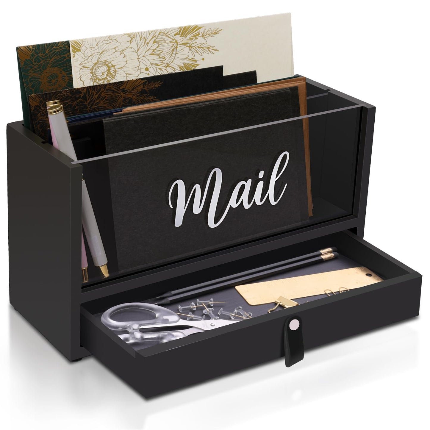 Two-Layer Solid Wooden Mail Storage Organizer Holder with Clear Acrylic Top and Bottom Drawer