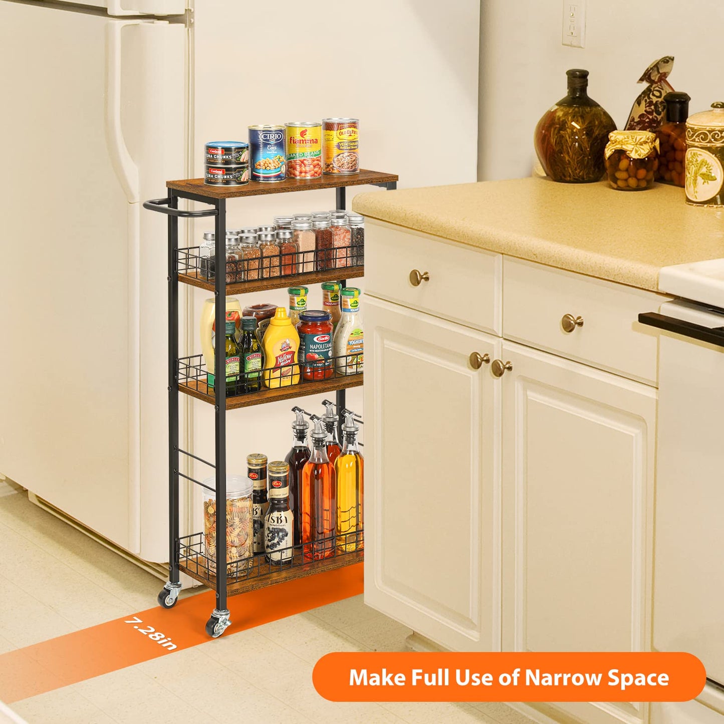 YBING Slim Storage Cart 4 Tier Narrow Kitchen Rolling Cart
