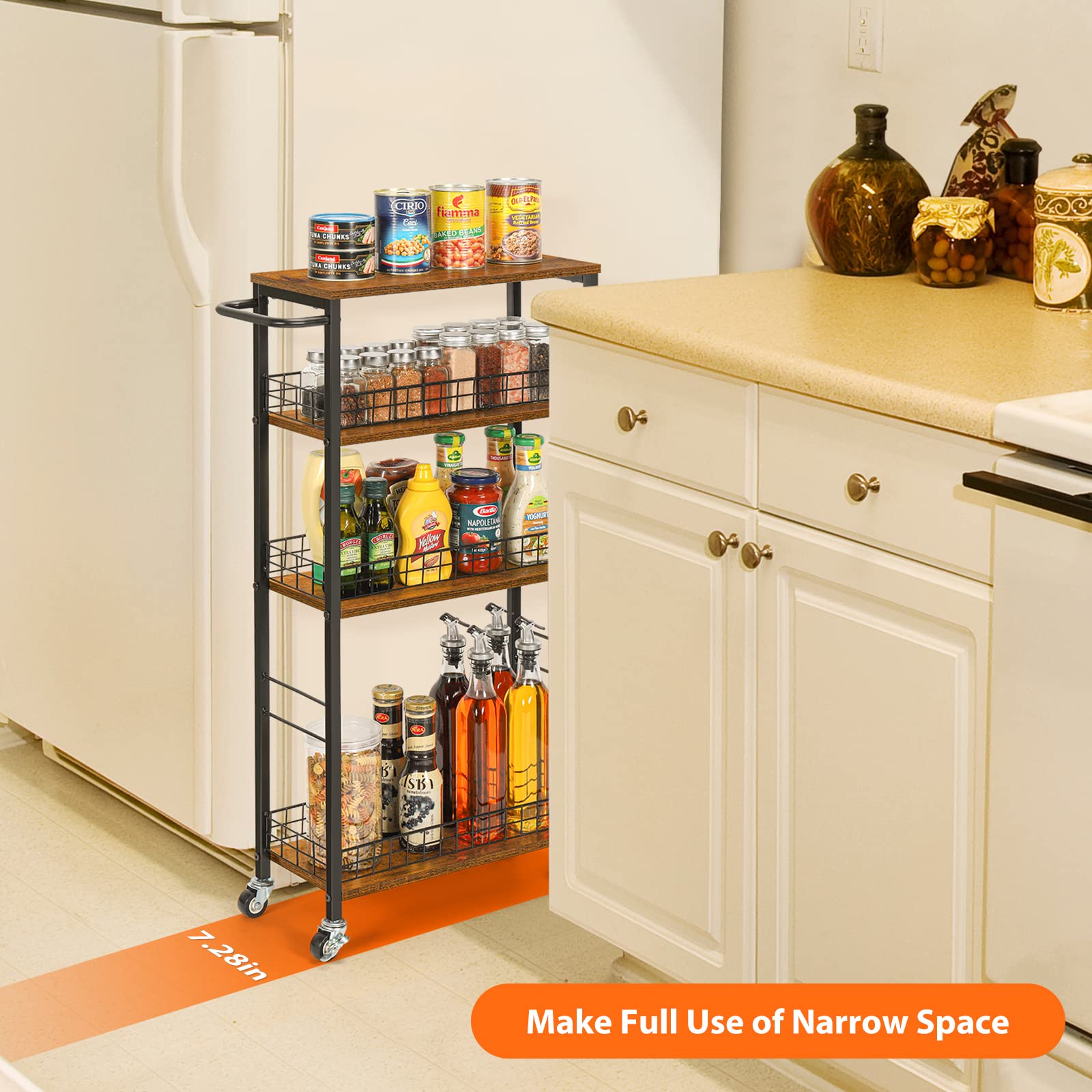 YBING Slim Storage Cart 4 Tier Narrow Kitchen Rolling Cart