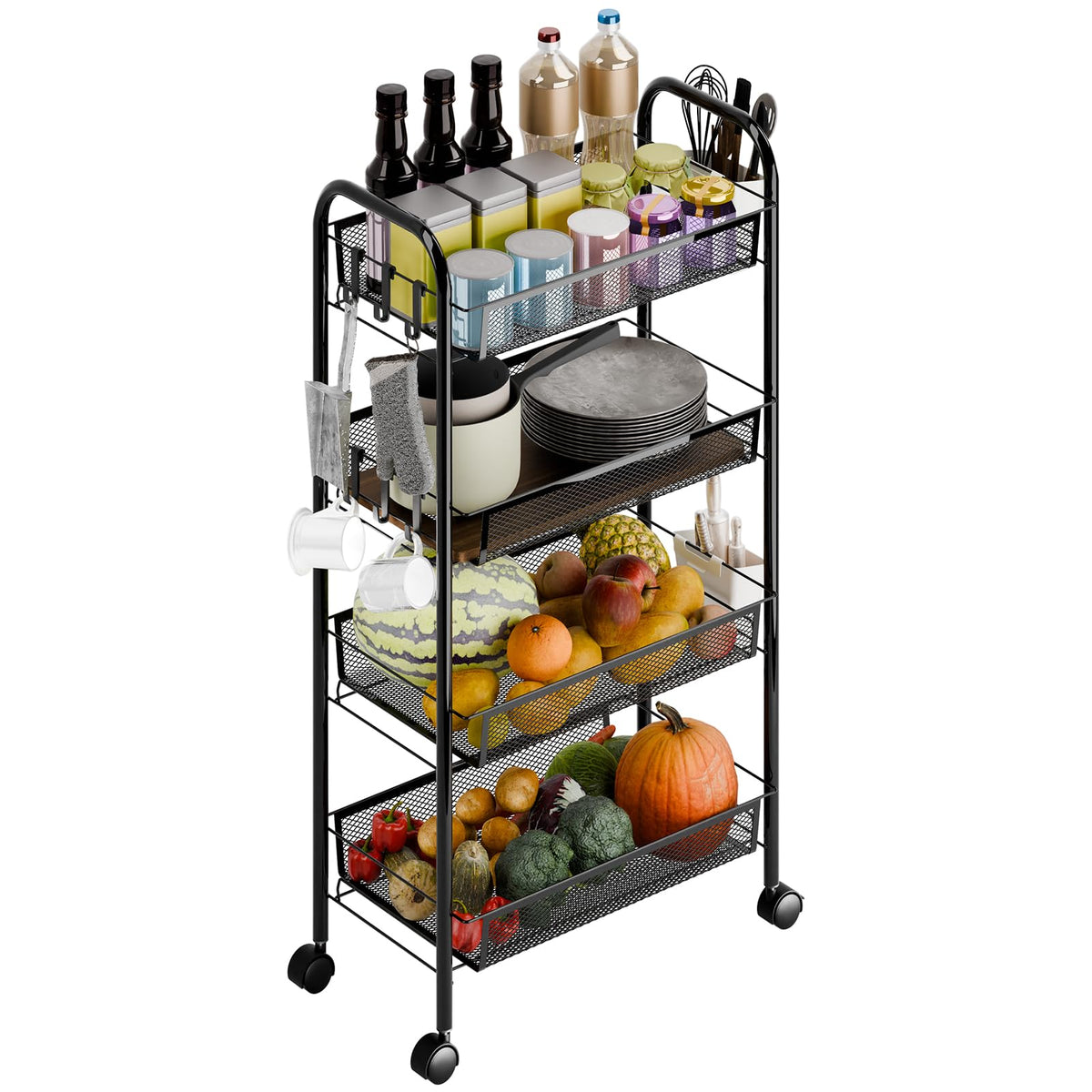 sxvbdway Snack Cart with Wheels Fruit Vegetable Basket Storage Cart 4 Tier Stackable Metal Basket