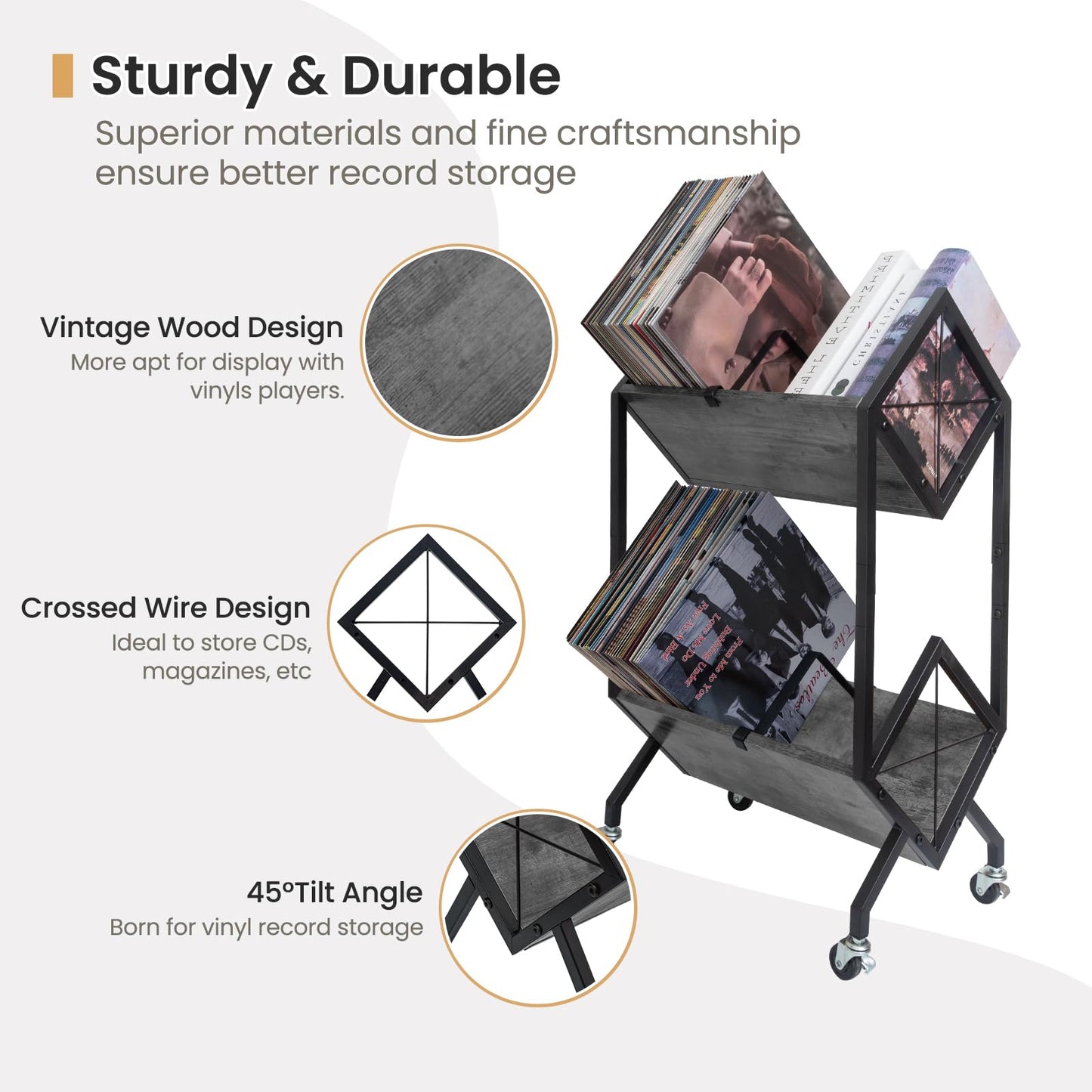 SwaaVee Vinyl Record Storage Holder with Wheels, 2-Tier Record Holder 160-200 LP with Dividers