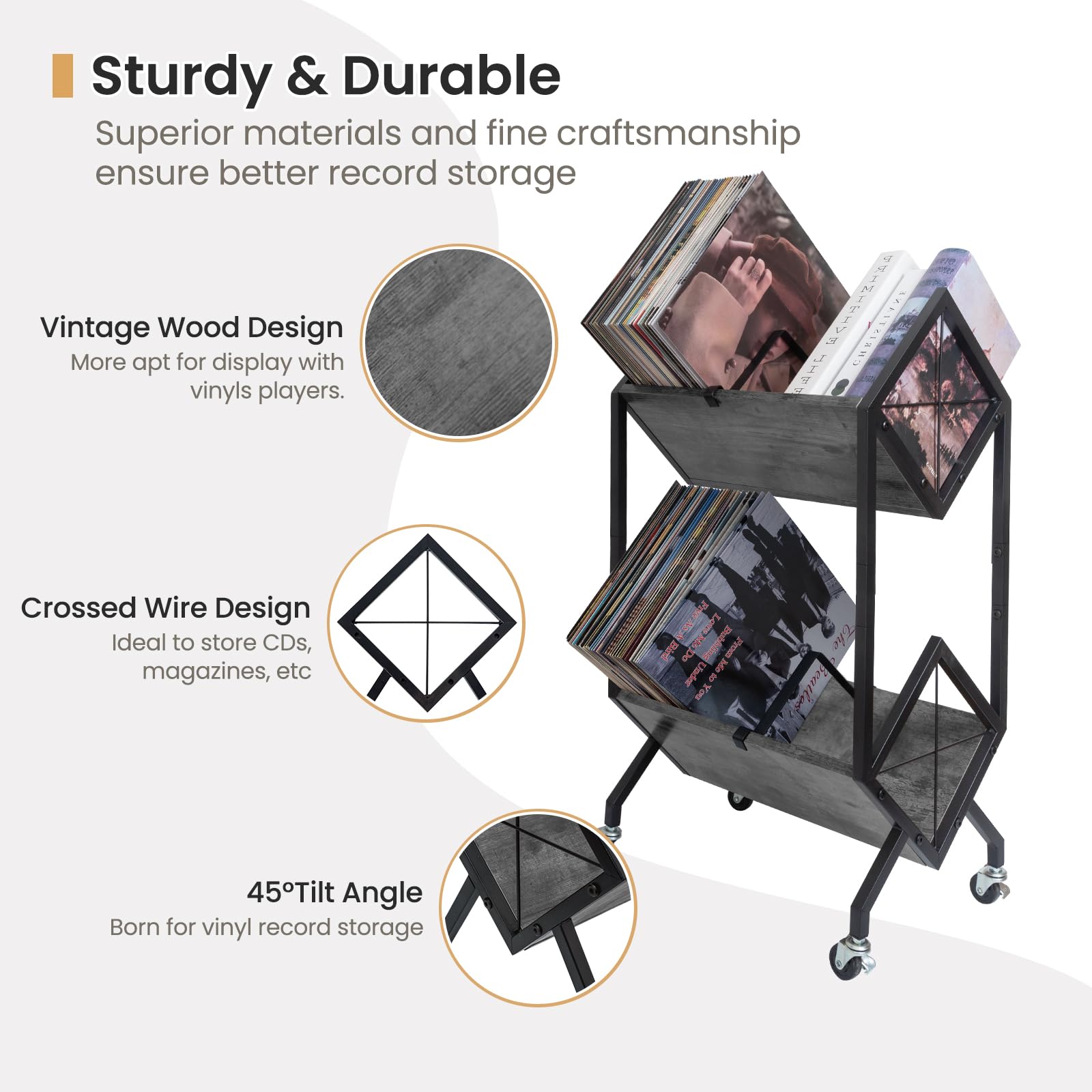 SwaaVee Vinyl Record Storage Holder with Wheels, 2-Tier Record Holder 160-200 LP with Dividers