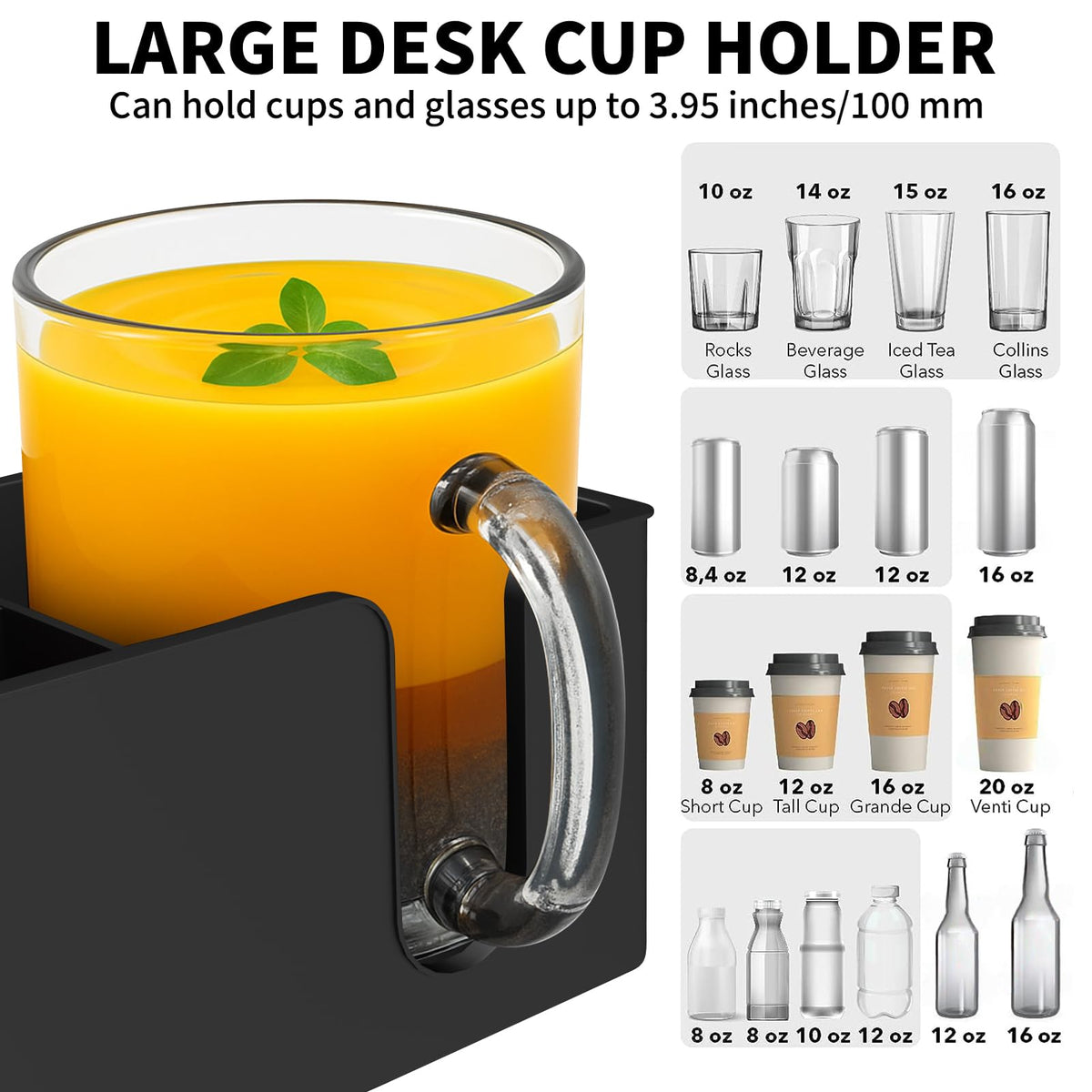 Anti-Spill Large Desk Cup Holder Clamp, Pencil Holder & Phone Stand (Black)