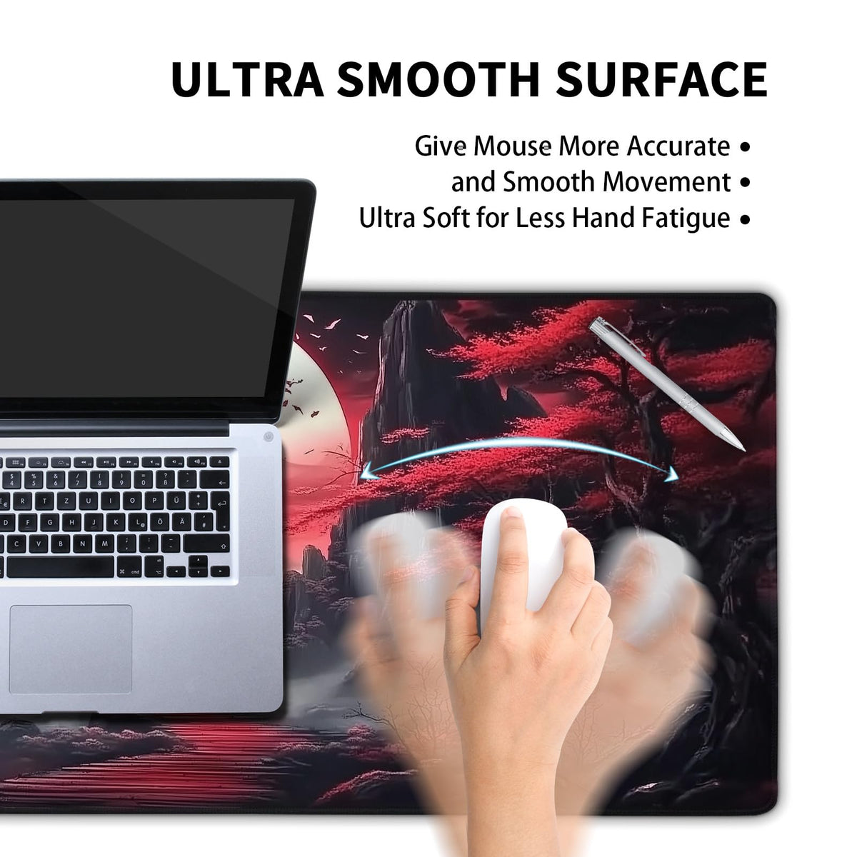 Black Red Japanese Mouse Pad XXL Moon Sakura Cherry BLoosm Tree Extended Table Mat 90X40 cm