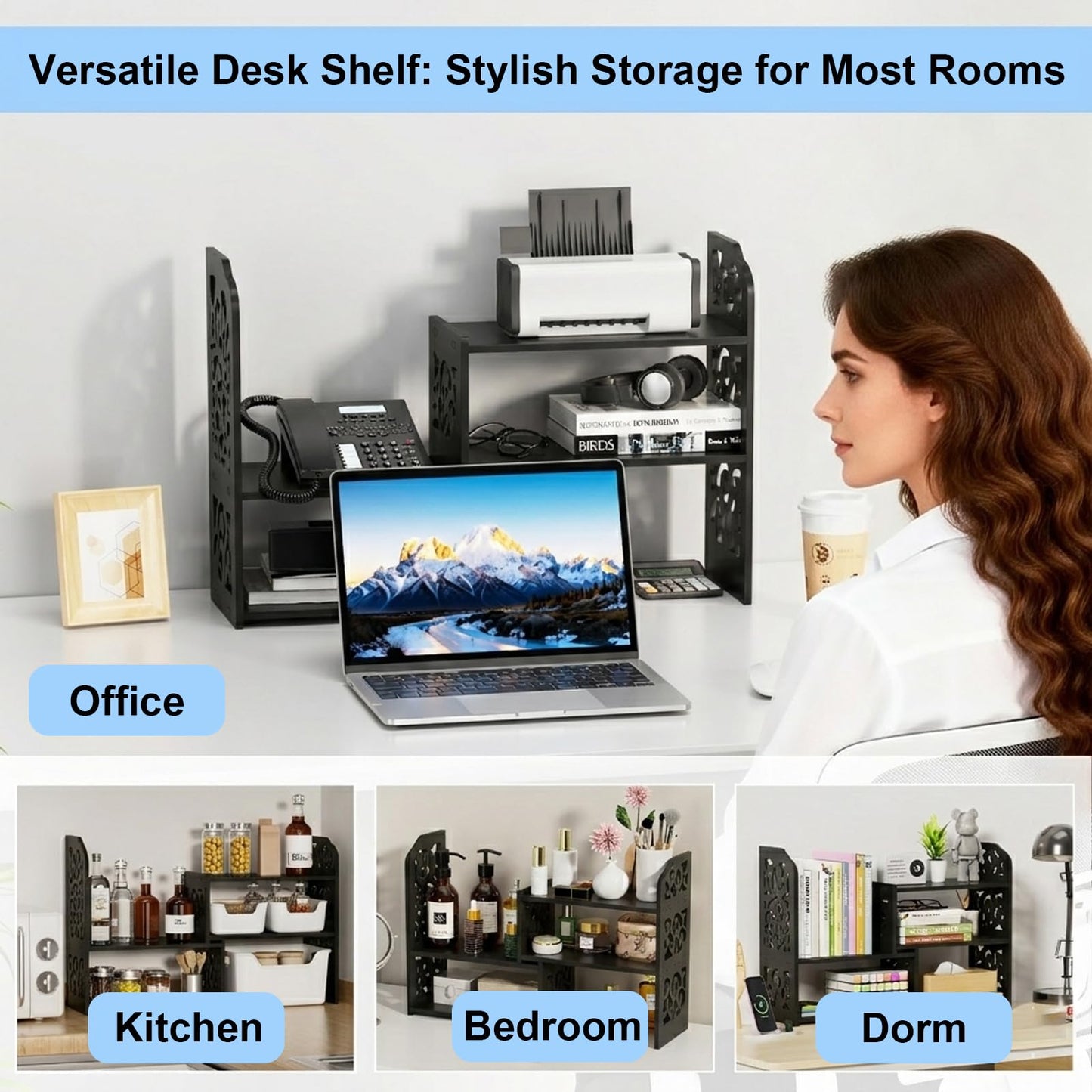 YGYQZ Adjustable Desktop Shelf Organizer, 3-Tier Desk Shelf, Black Pattern