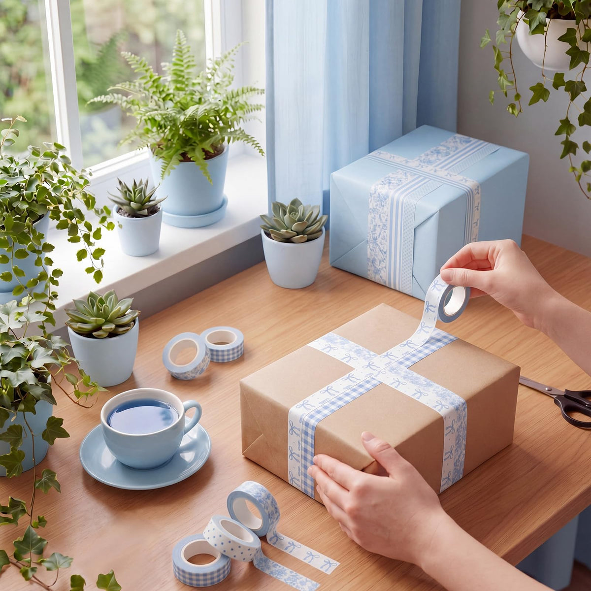 YooNotee 12 Rolls Floral Washi Tape Set,Blue and White,Floral