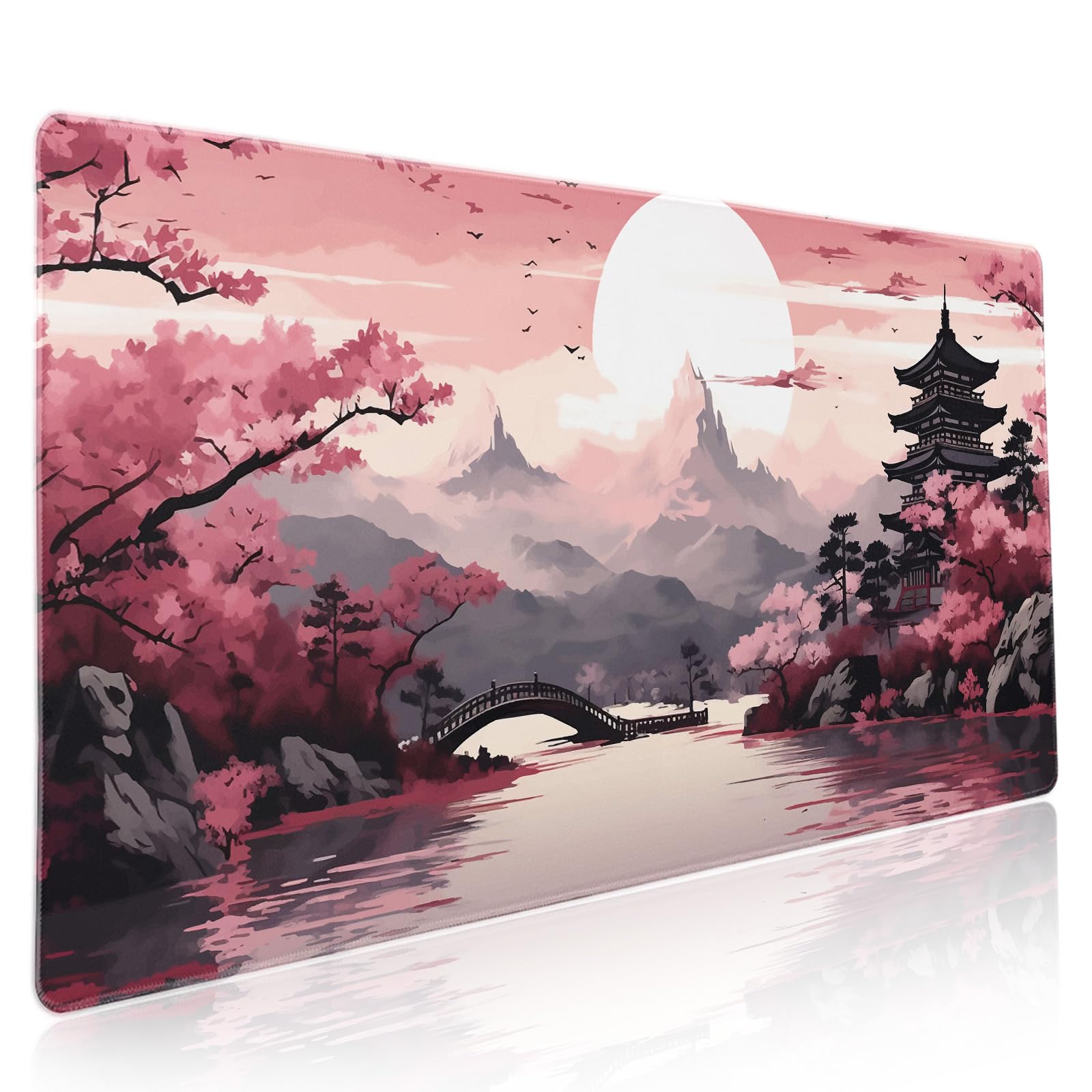 Pink Japanese Sakura Gaming Mouse Pad XXL Cherry Blossom Tower Mountain Landscape Big Extended