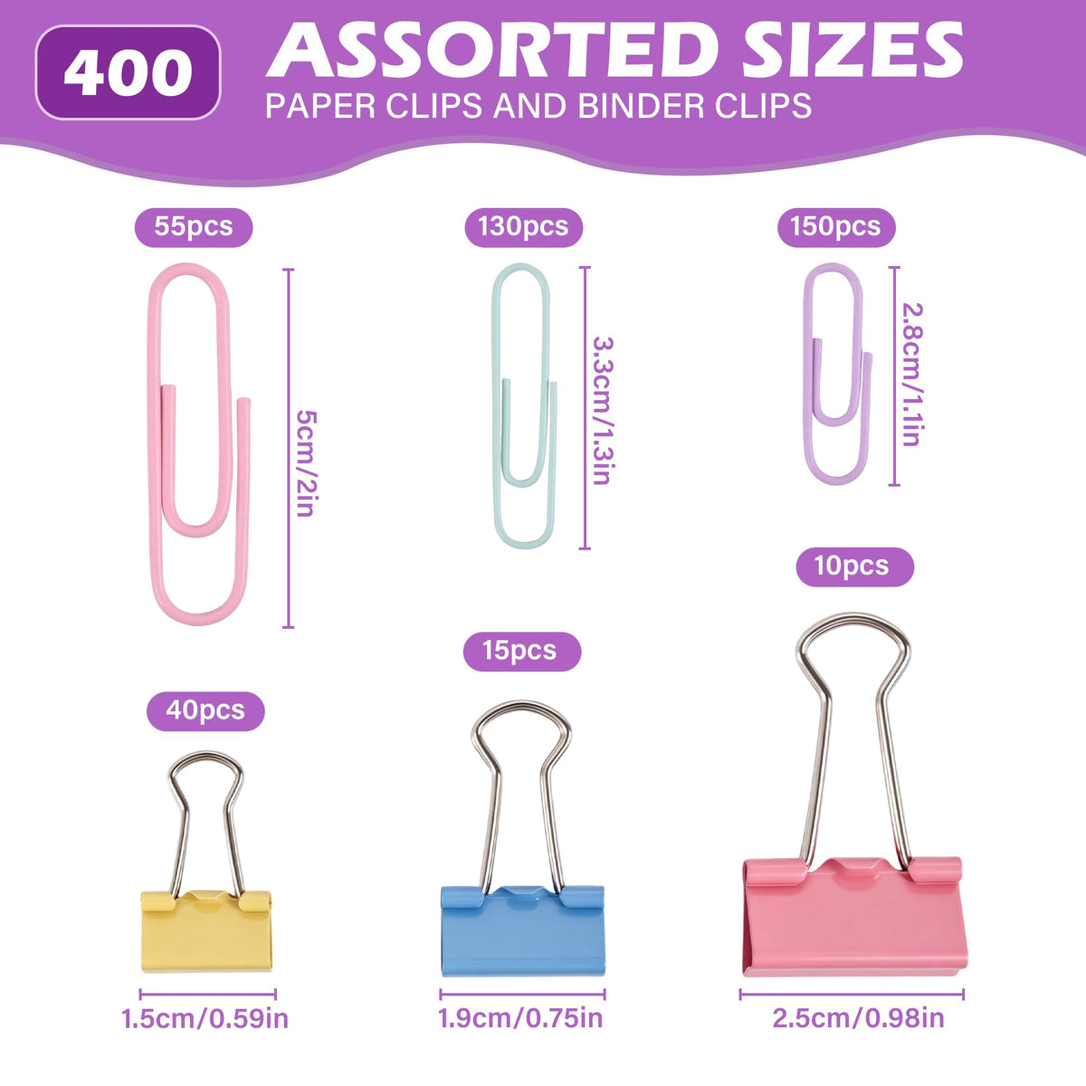 400PCS Pink Paper Clips and Binder Clips Assorted Sizes